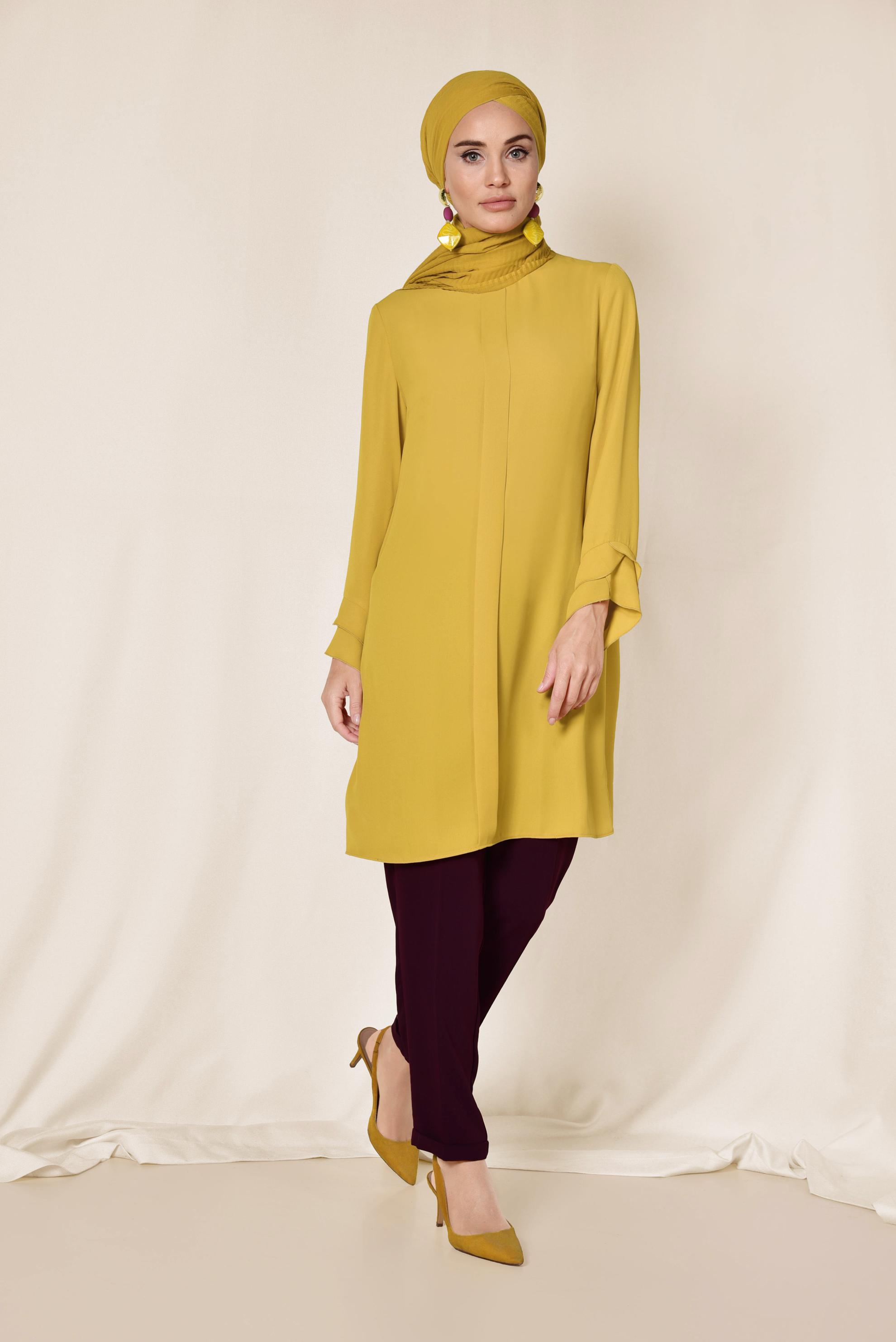 Tesettür giyim SARI FERMUARLI TUNİK 4195