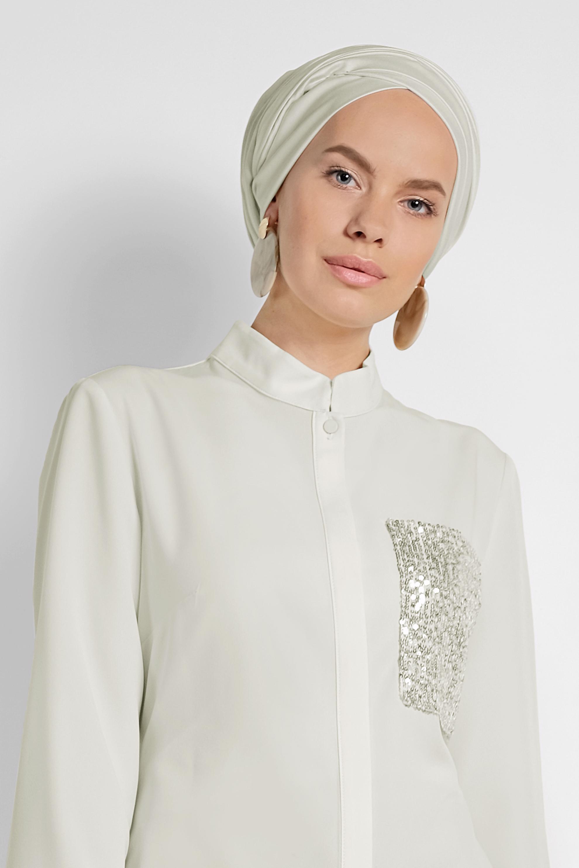 Tesettür giyim EKRU BELDEN BÜZGÜ BAĞCIKLI TUNİK 4214