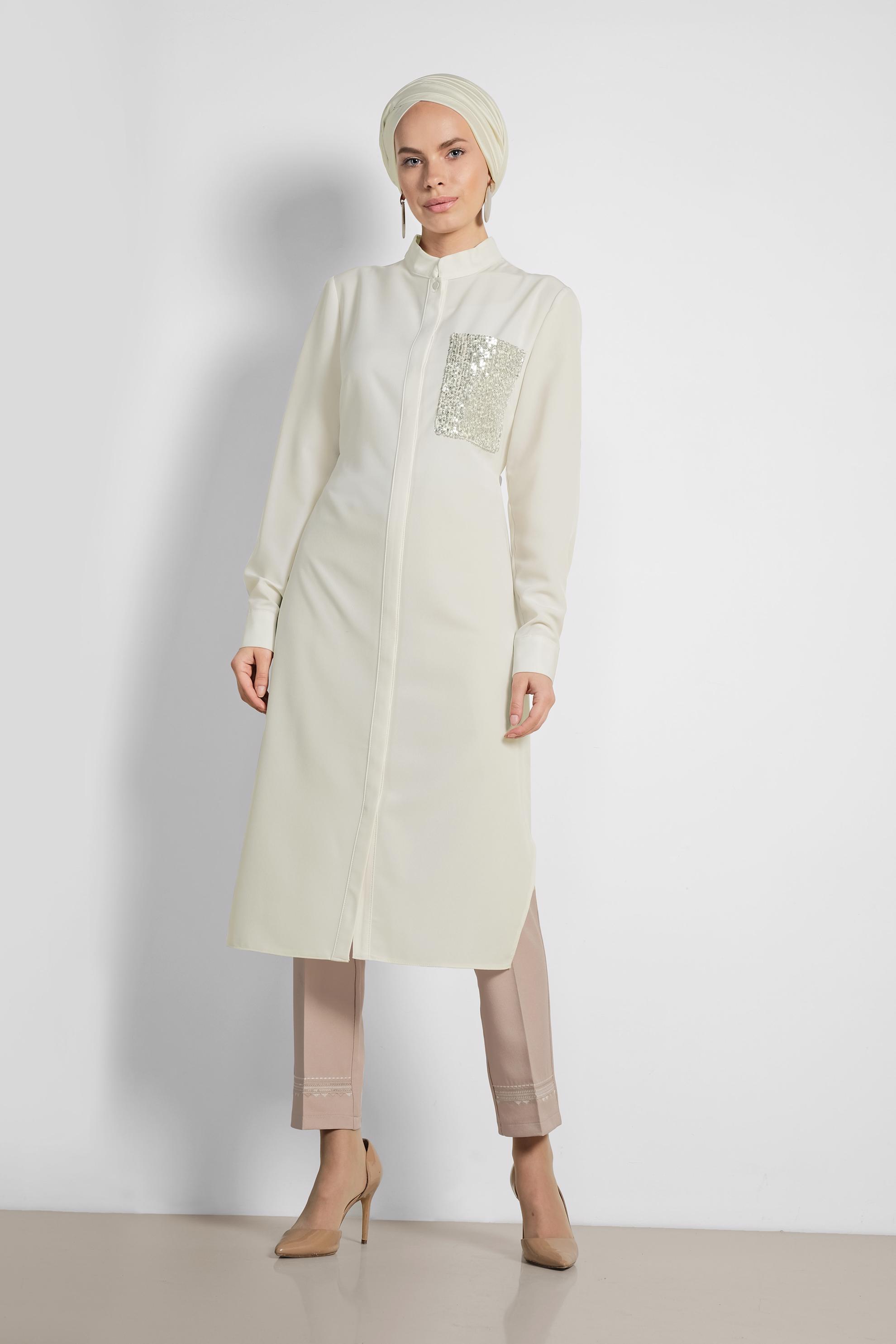 Tesettür giyim EKRU BELDEN BÜZGÜ BAĞCIKLI TUNİK 4214