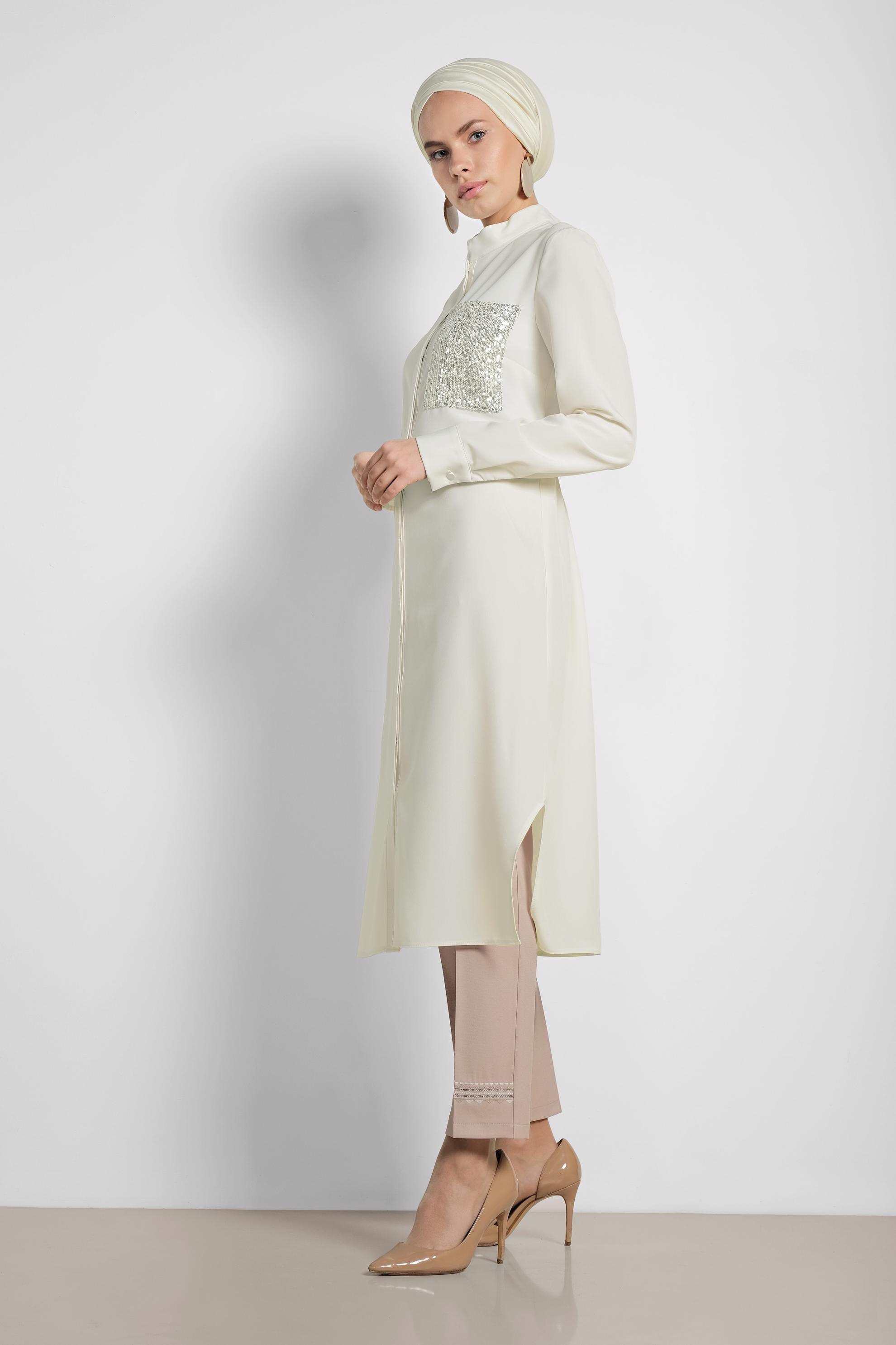 Tesettür giyim EKRU BELDEN BÜZGÜ BAĞCIKLI TUNİK 4214