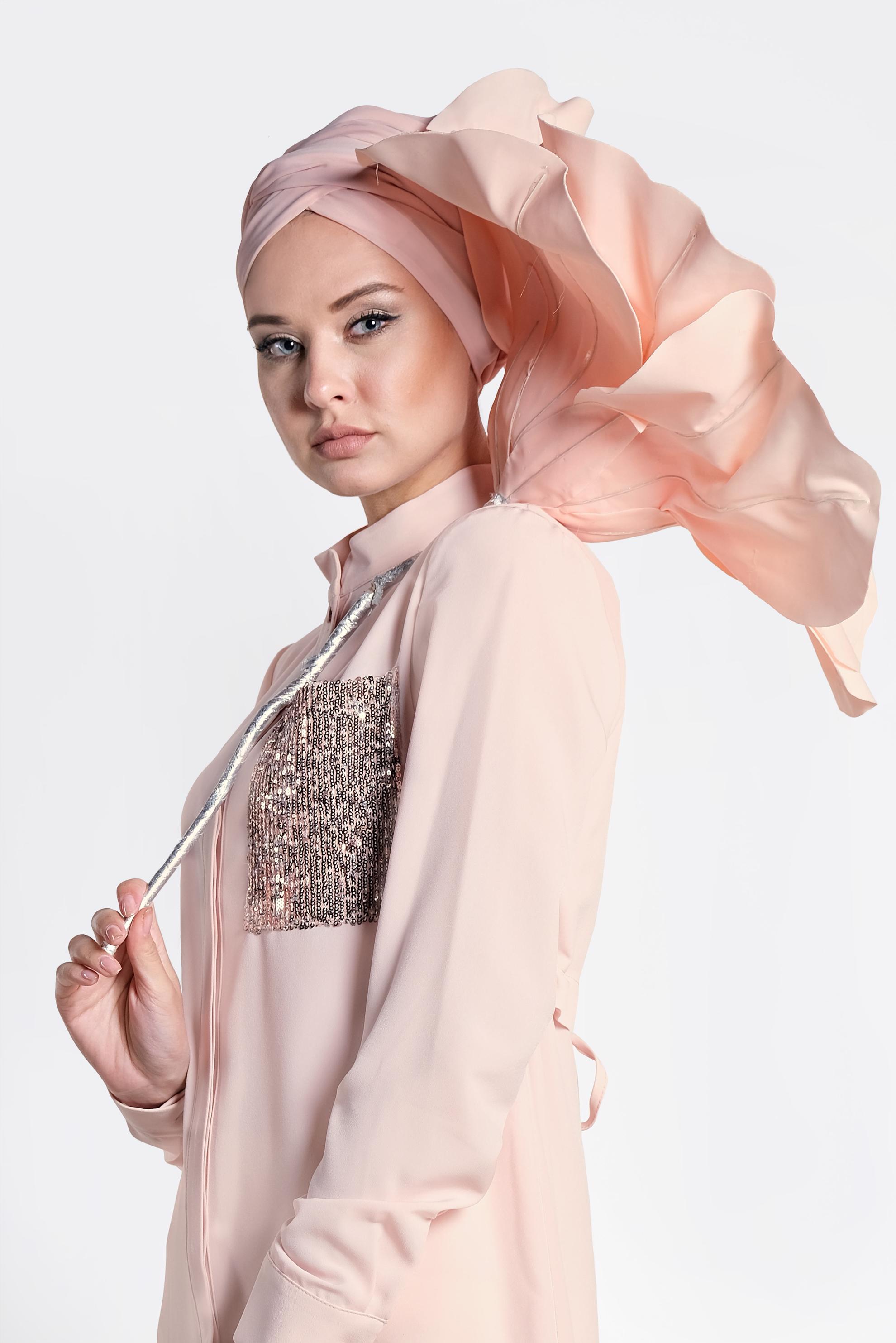 Tesettür giyim PUDRA BELDEN BÜZGÜ BAĞCIKLI TUNİK 4214