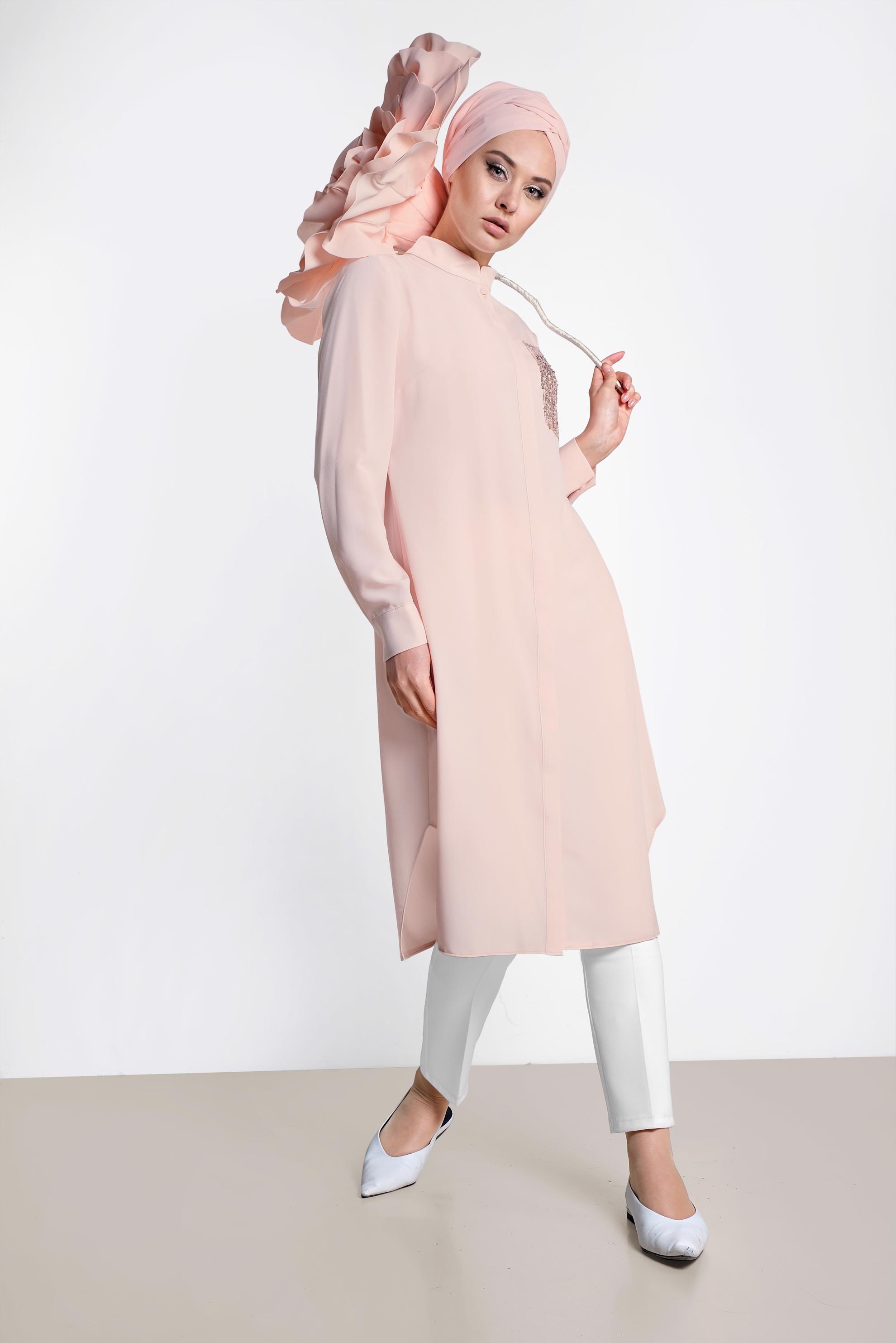 Tesettür giyim PUDRA BELDEN BÜZGÜ BAĞCIKLI TUNİK 4214