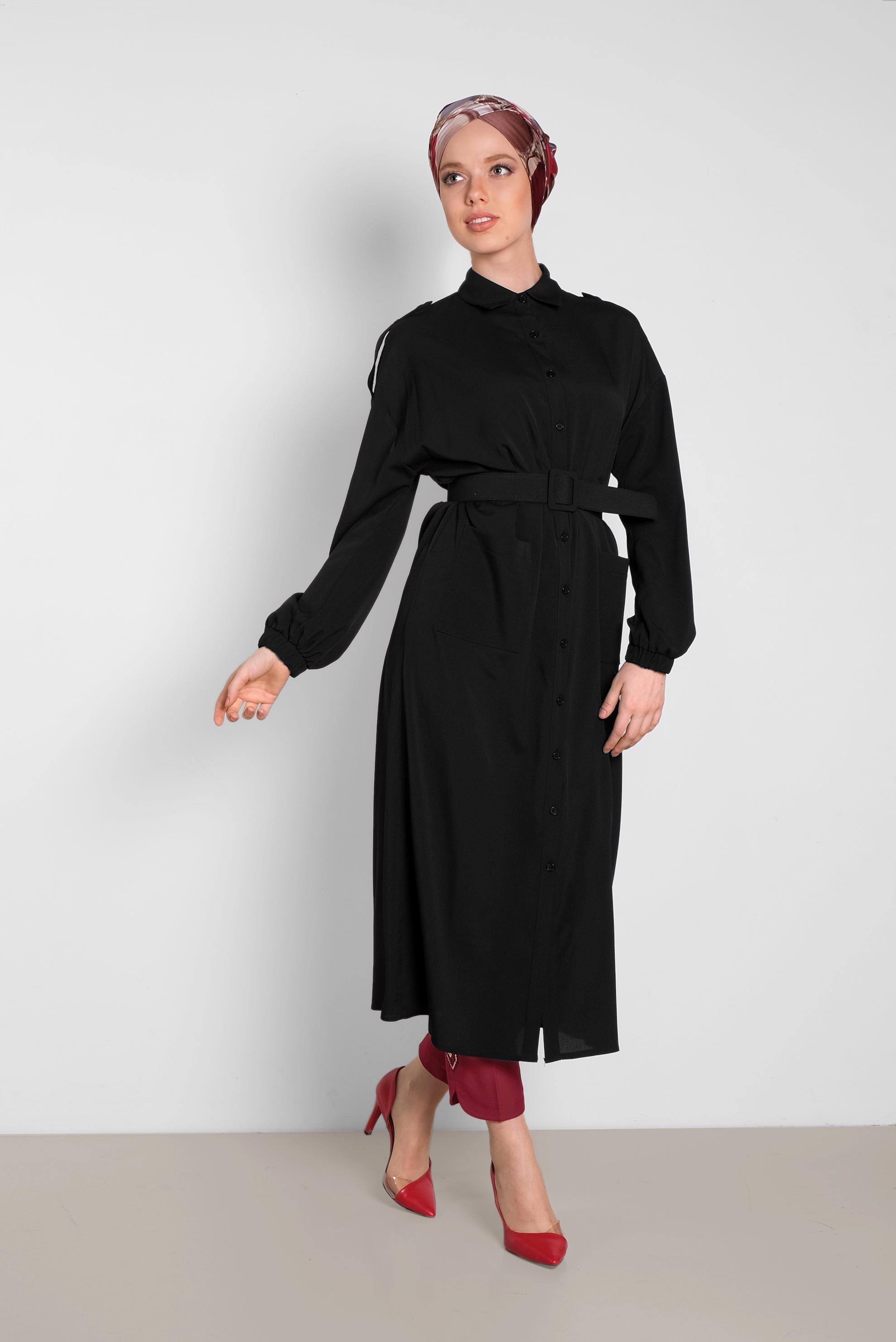 Tesettür giyim SİYAH BOYDAN DÜĞMELİ ERKEK YAKA TUNİK 4243