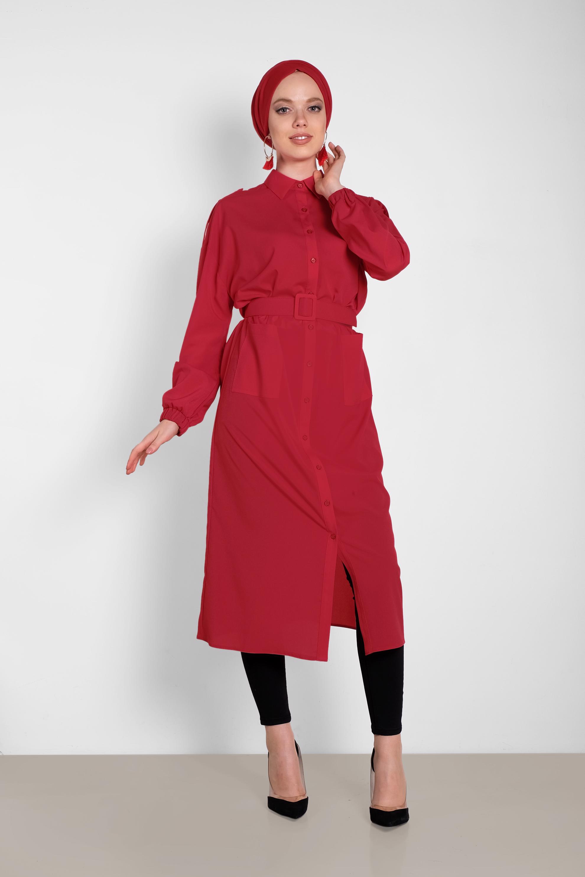 Tesettür giyim KIRMIZI BOYDAN DÜĞMELİ ERKEK YAKA TUNİK 4243