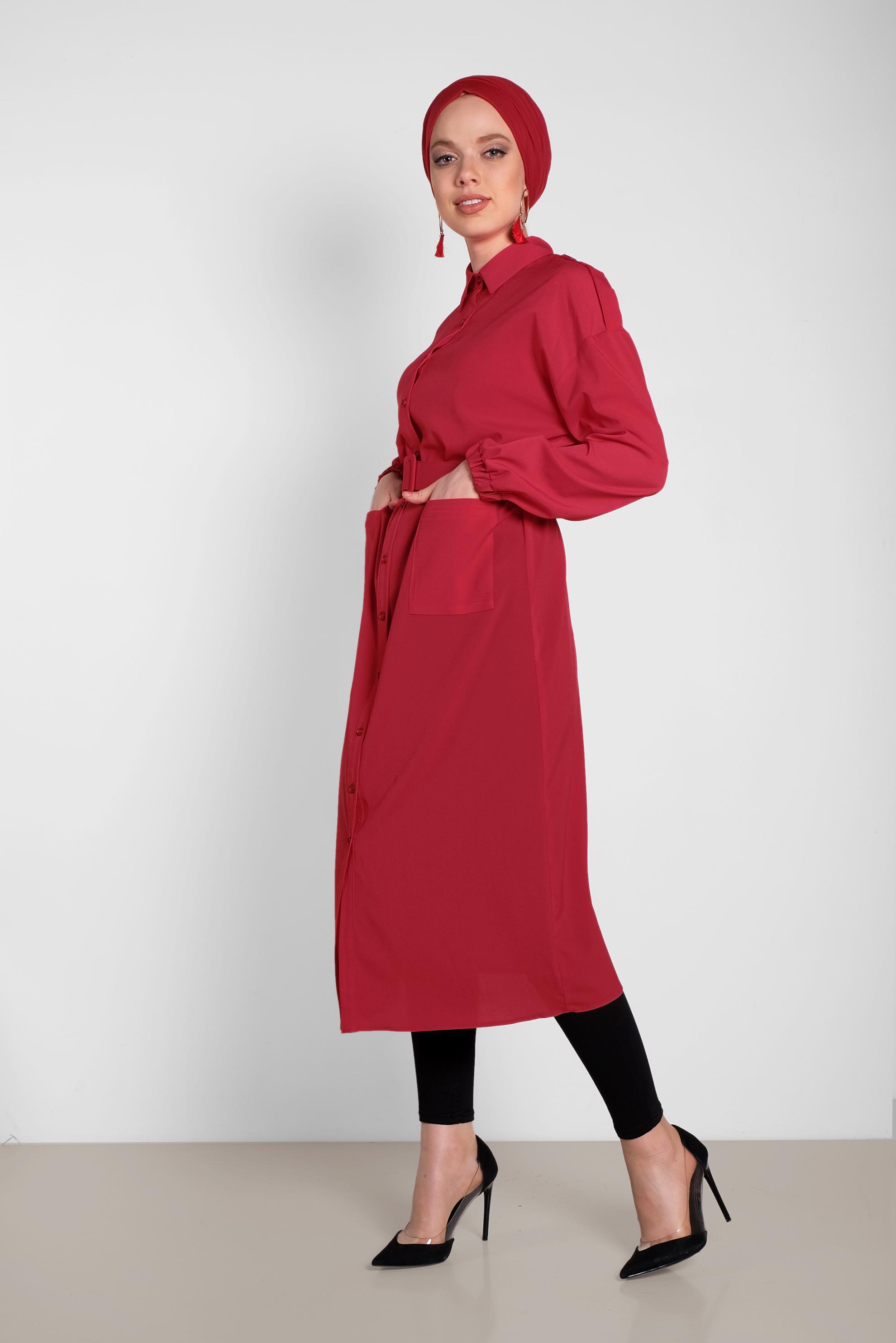 Tesettür giyim KIRMIZI BOYDAN DÜĞMELİ ERKEK YAKA TUNİK 4243