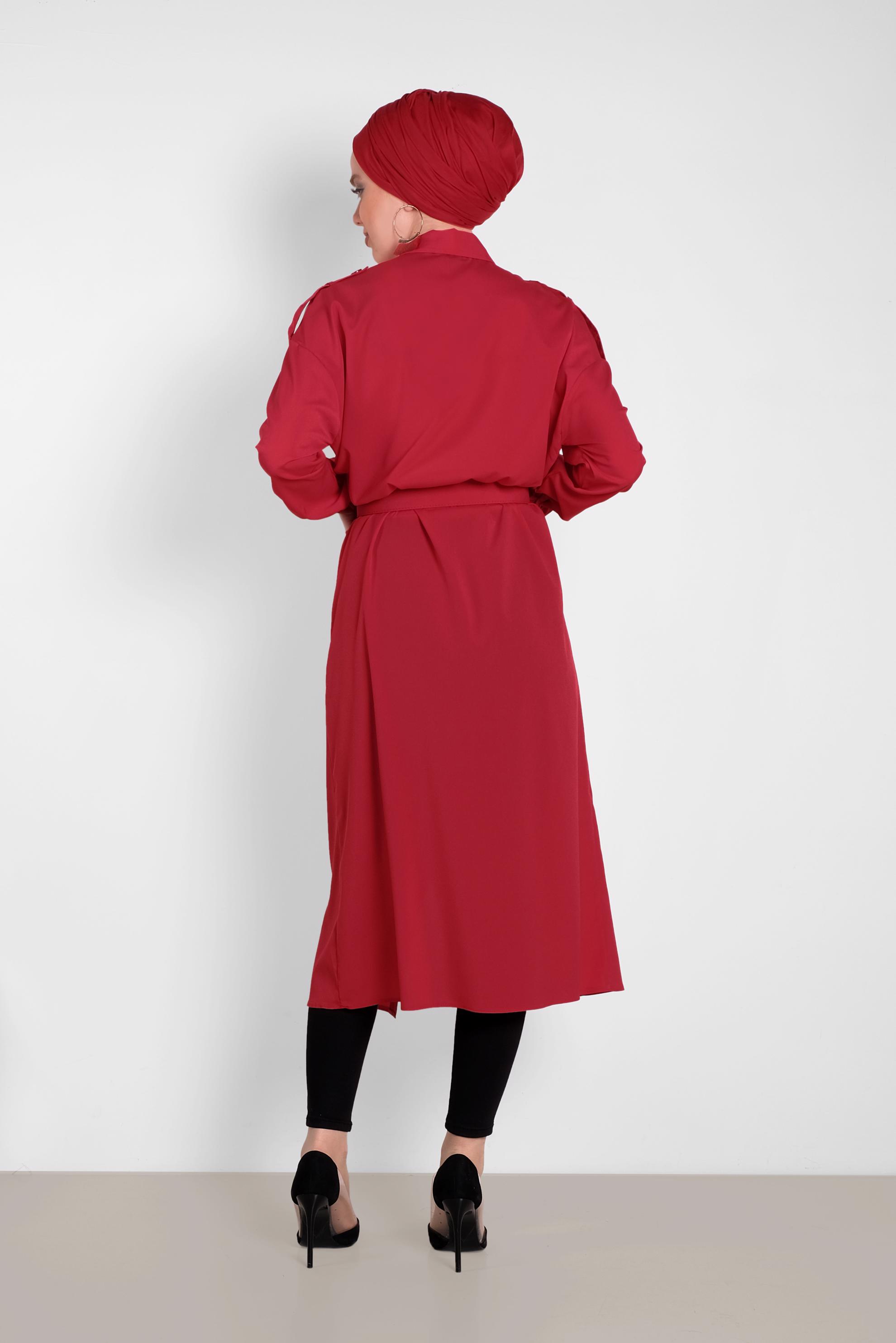 Tesettür giyim KIRMIZI BOYDAN DÜĞMELİ ERKEK YAKA TUNİK 4243