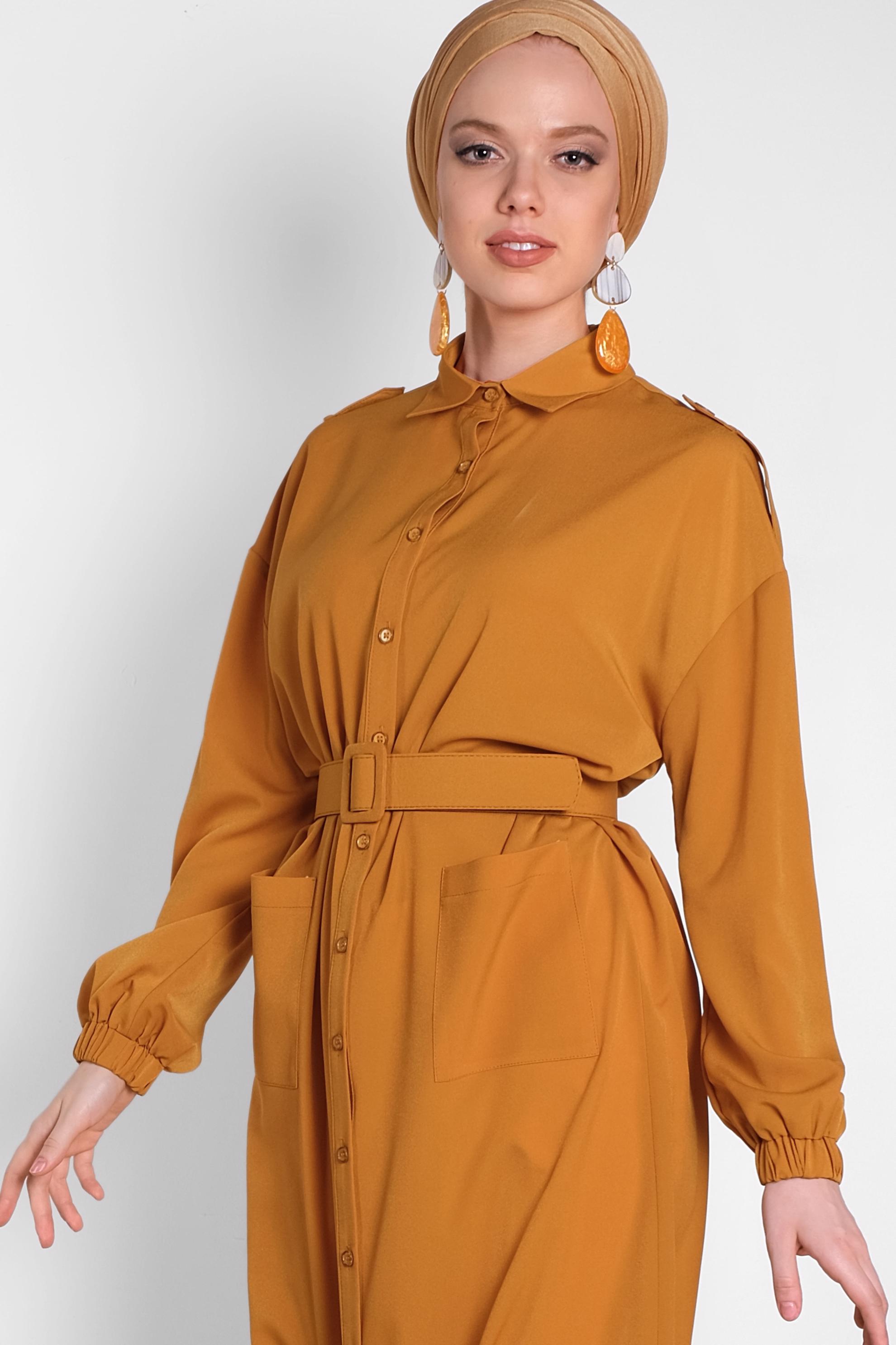 Tesettür giyim TURUNCU BOYDAN DÜĞMELİ ERKEK YAKA TUNİK 4243