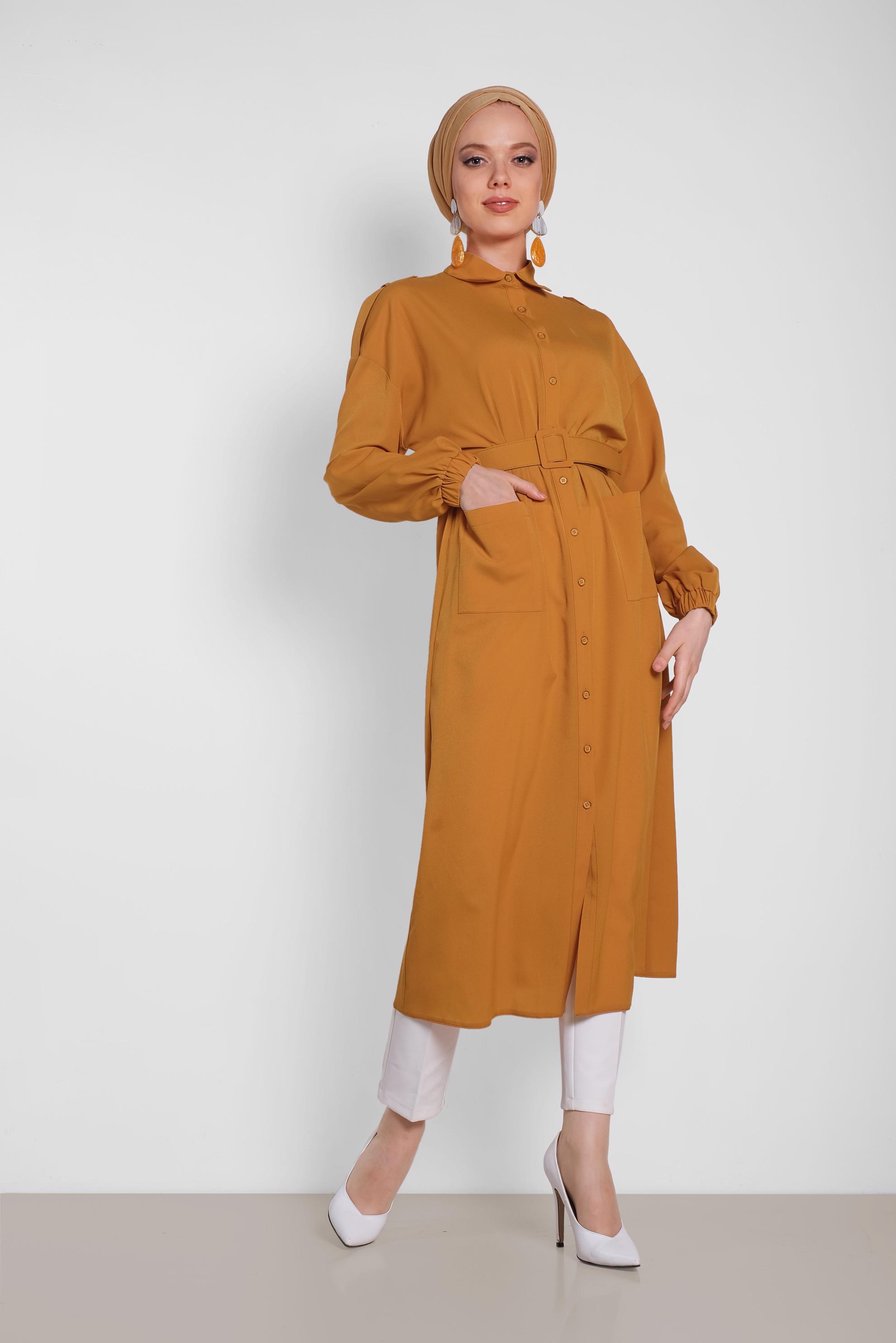 Tesettür giyim TURUNCU BOYDAN DÜĞMELİ ERKEK YAKA TUNİK 4243