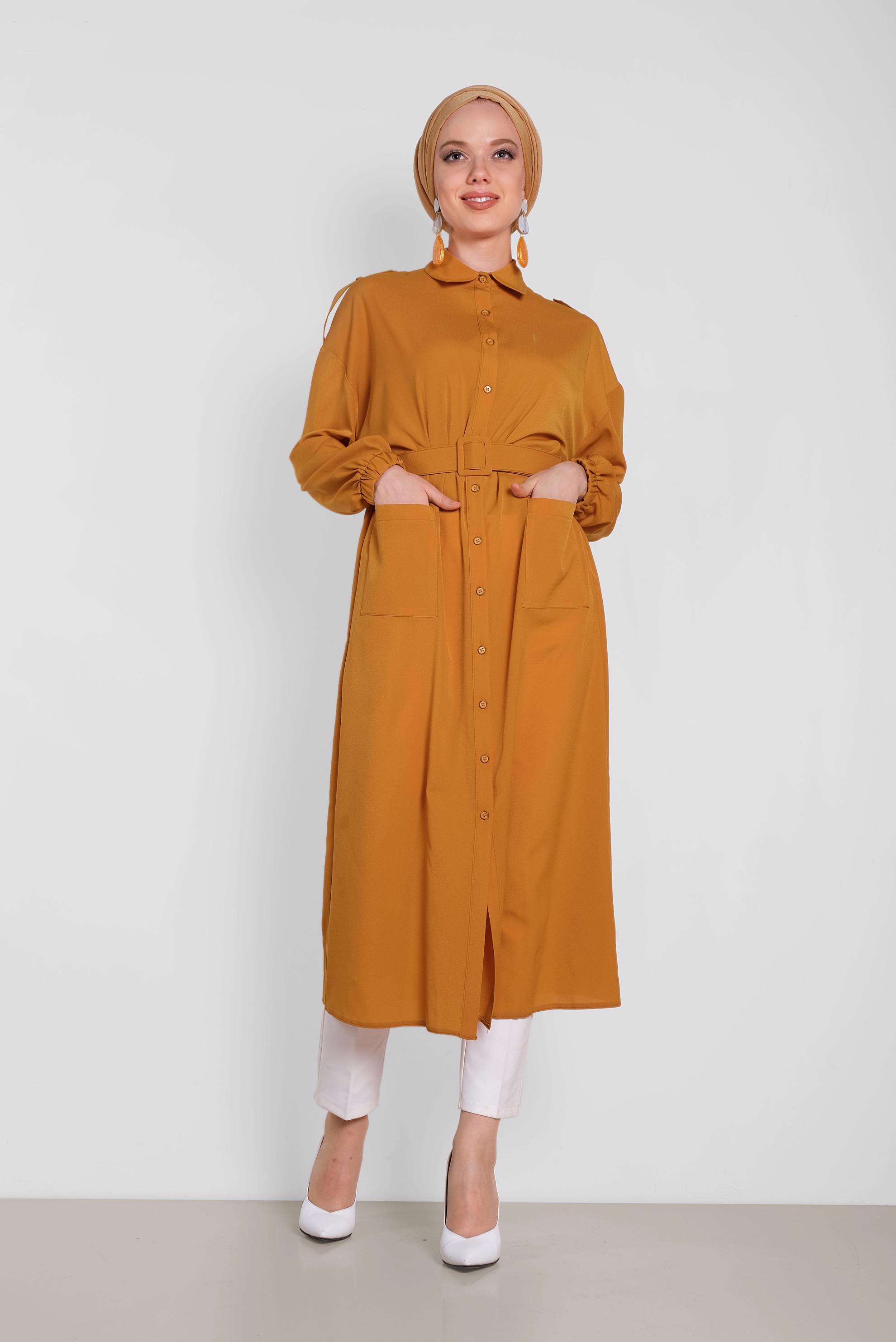 Tesettür giyim TURUNCU BOYDAN DÜĞMELİ ERKEK YAKA TUNİK 4243