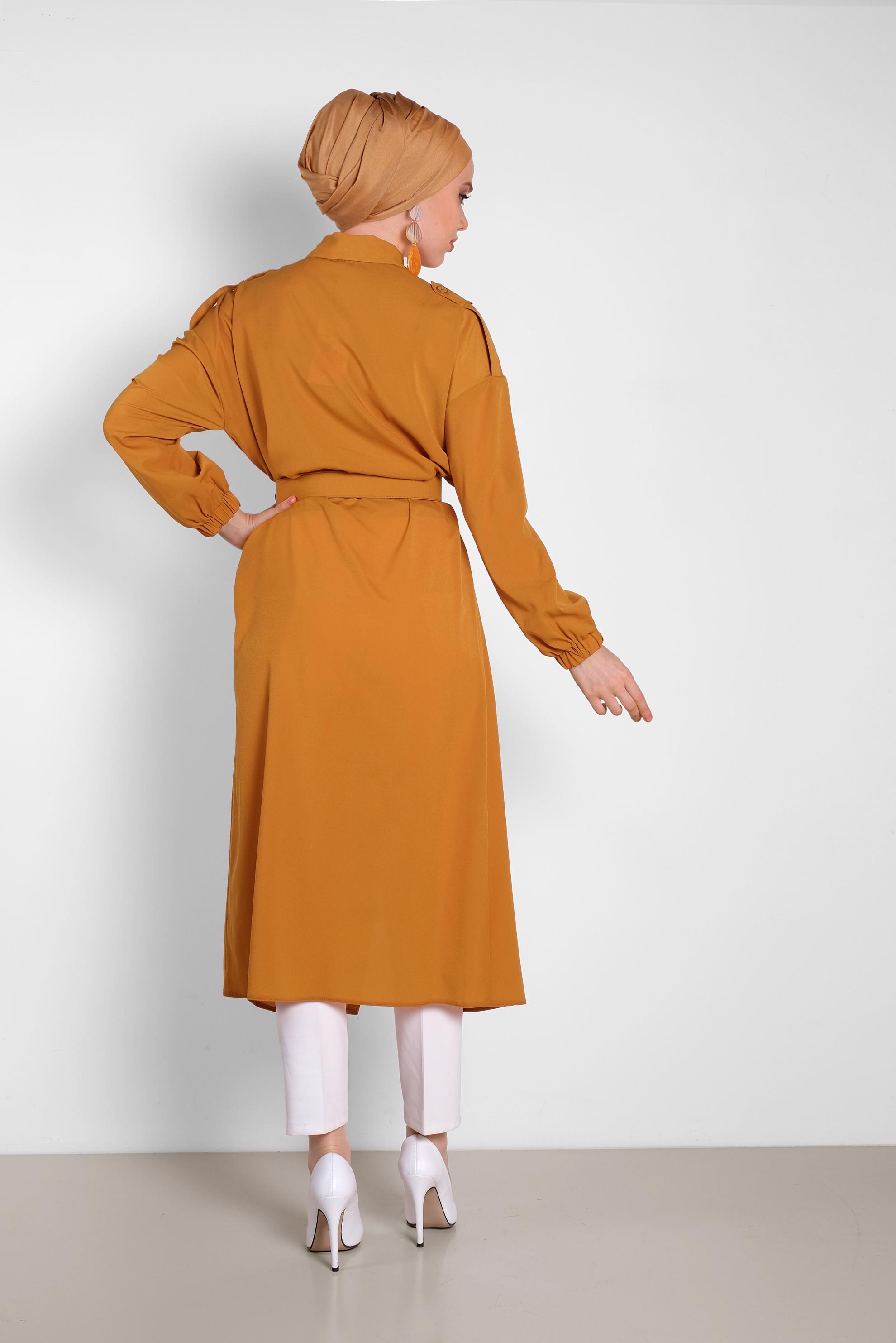 Tesettür giyim TURUNCU BOYDAN DÜĞMELİ ERKEK YAKA TUNİK 4243