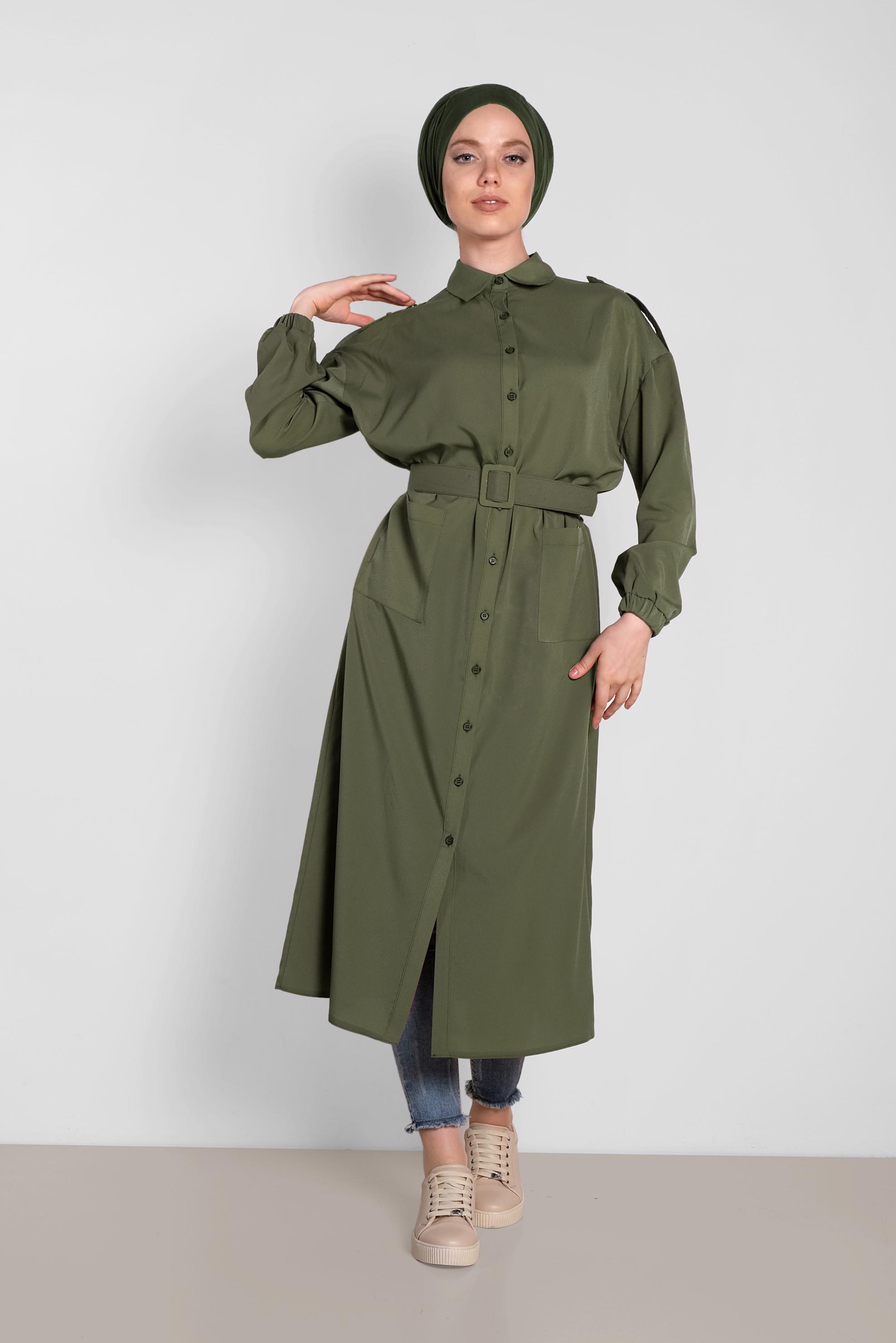 Tesettür giyim HAKİ BOYDAN DÜĞMELİ ERKEK YAKA TUNİK 4243