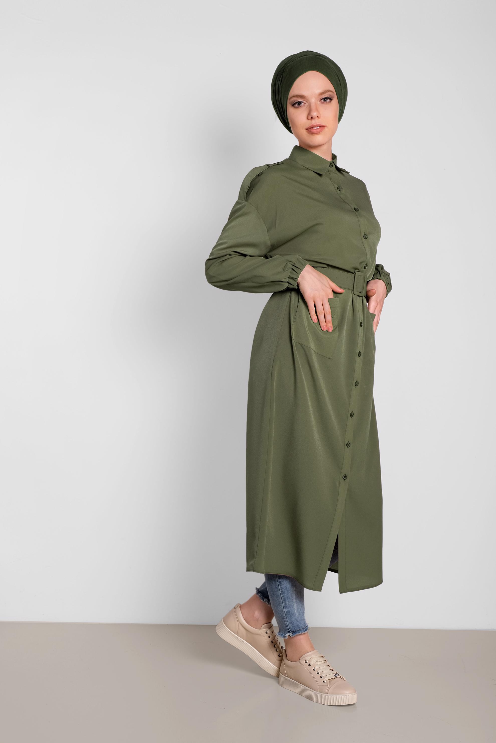 Tesettür giyim HAKİ BOYDAN DÜĞMELİ ERKEK YAKA TUNİK 4243