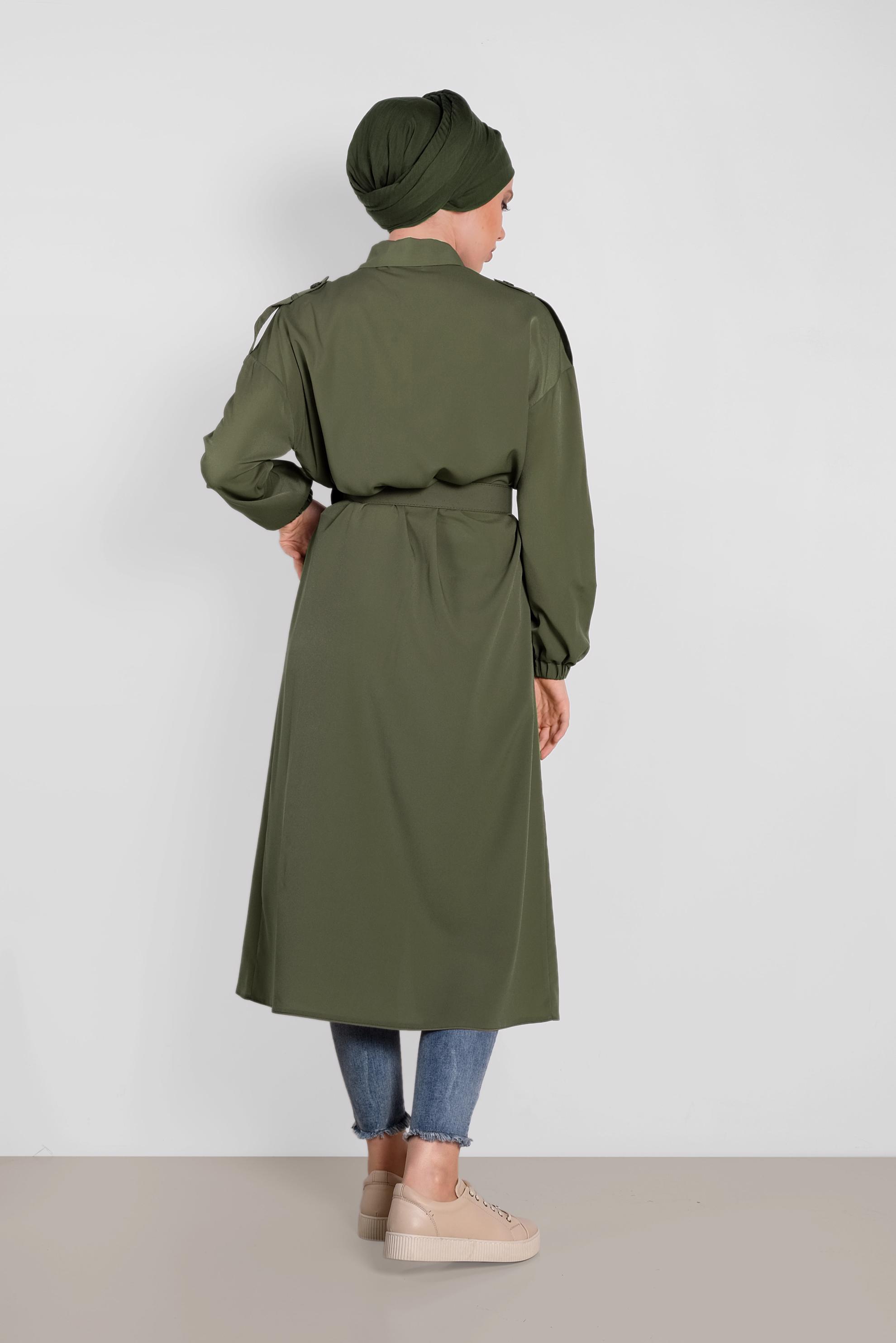 Tesettür giyim HAKİ BOYDAN DÜĞMELİ ERKEK YAKA TUNİK 4243