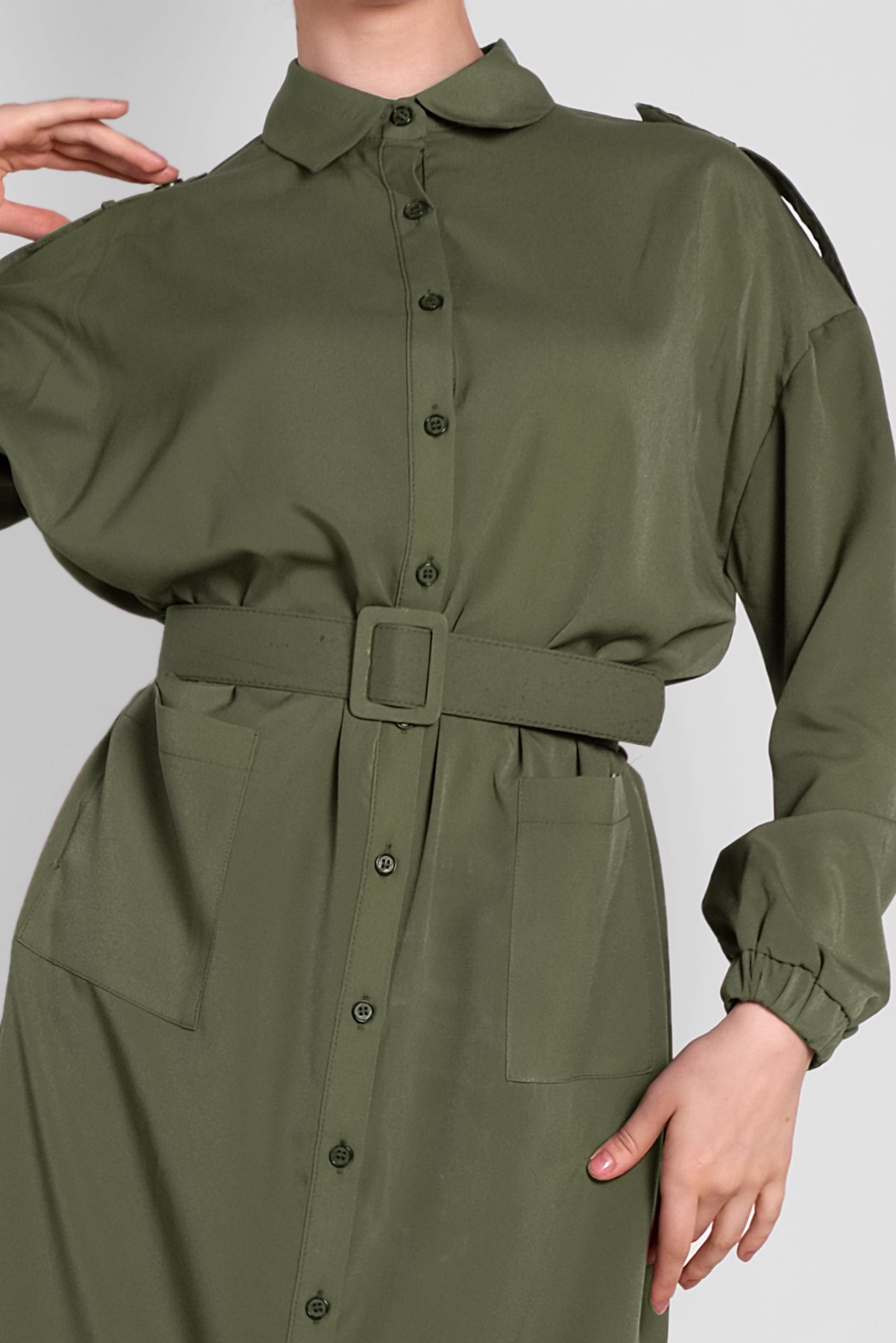 Tesettür giyim HAKİ BOYDAN DÜĞMELİ ERKEK YAKA TUNİK 4243