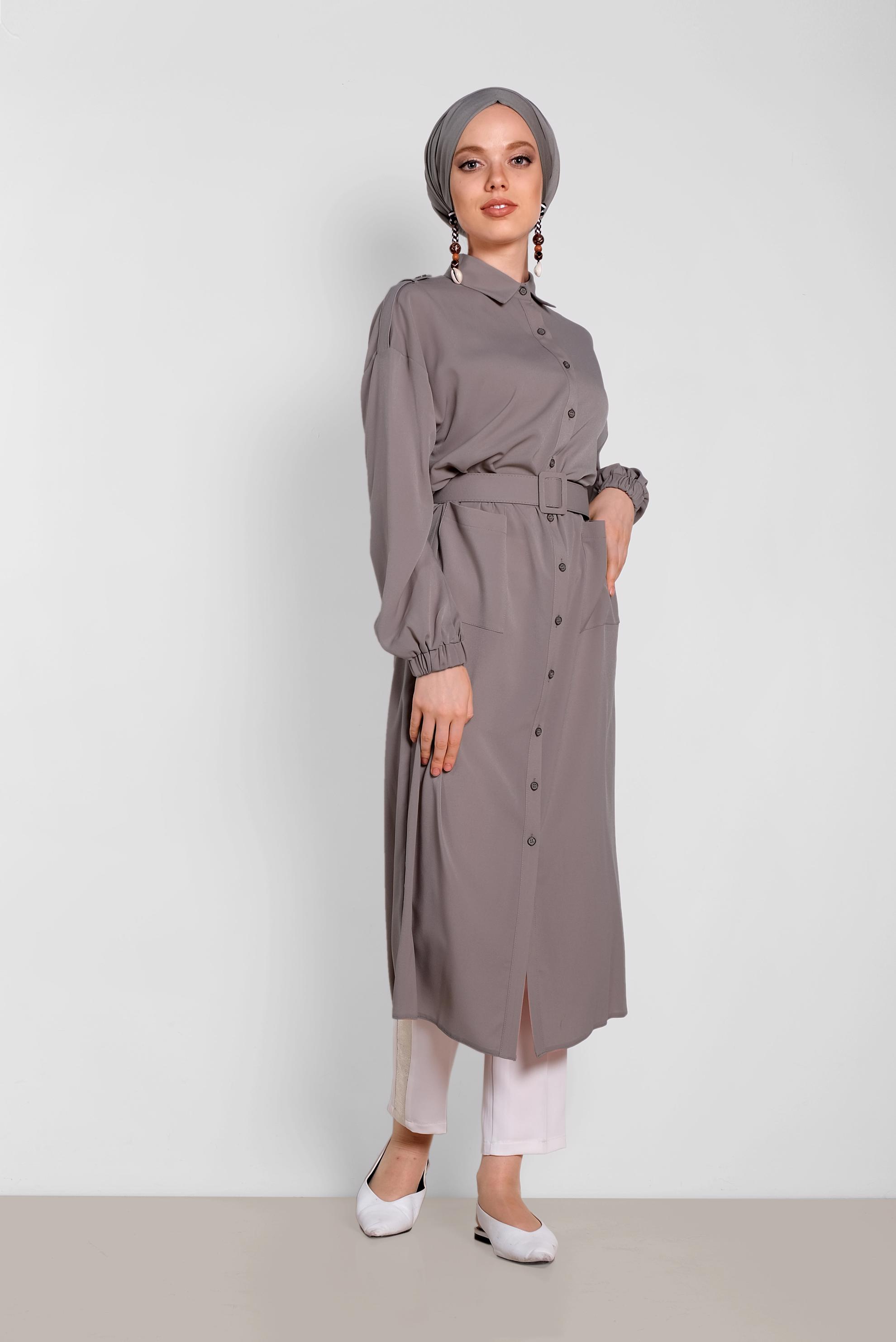 Tesettür giyim VİZON BOYDAN DÜĞMELİ ERKEK YAKA TUNİK 4243