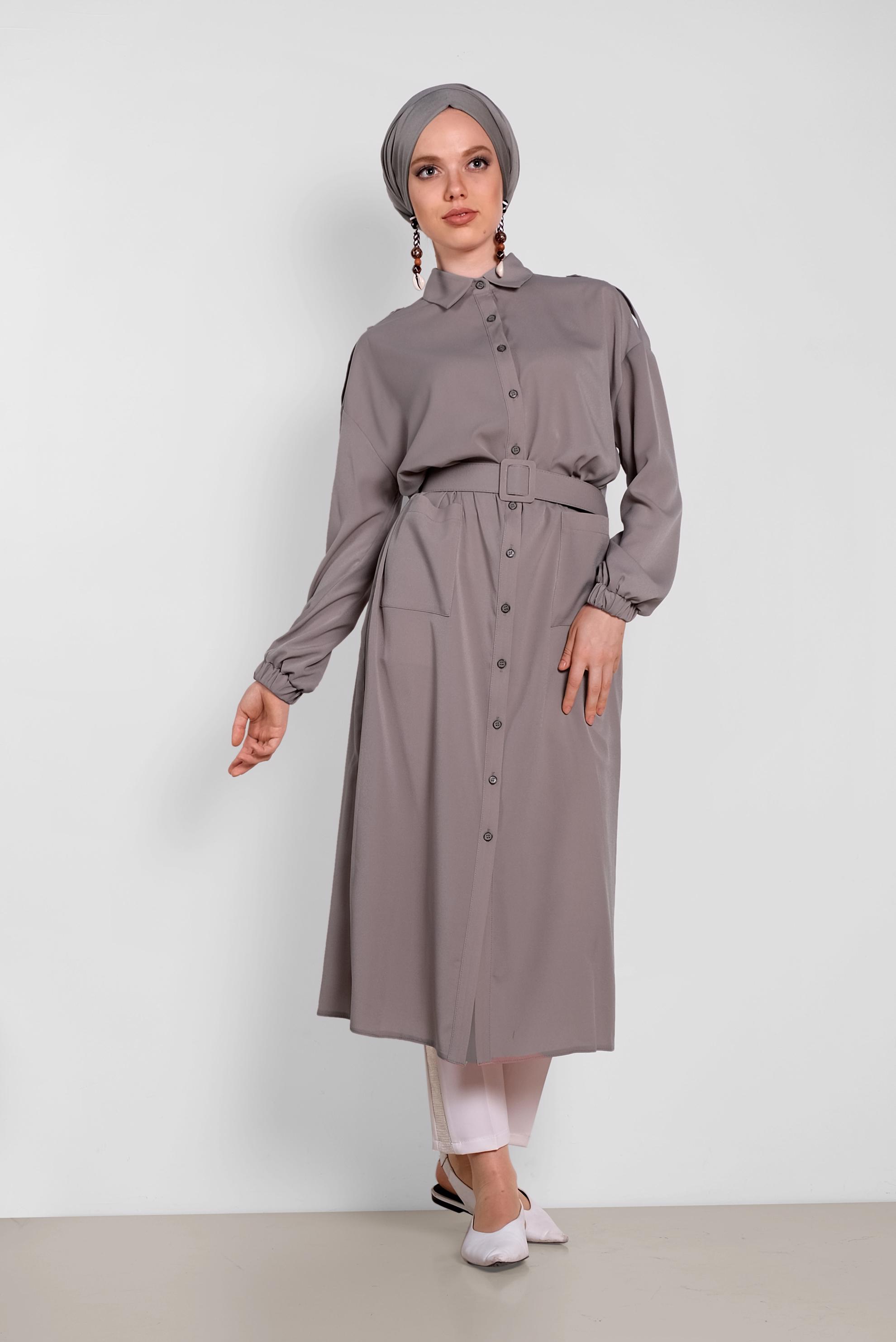 Tesettür giyim VİZON BOYDAN DÜĞMELİ ERKEK YAKA TUNİK 4243