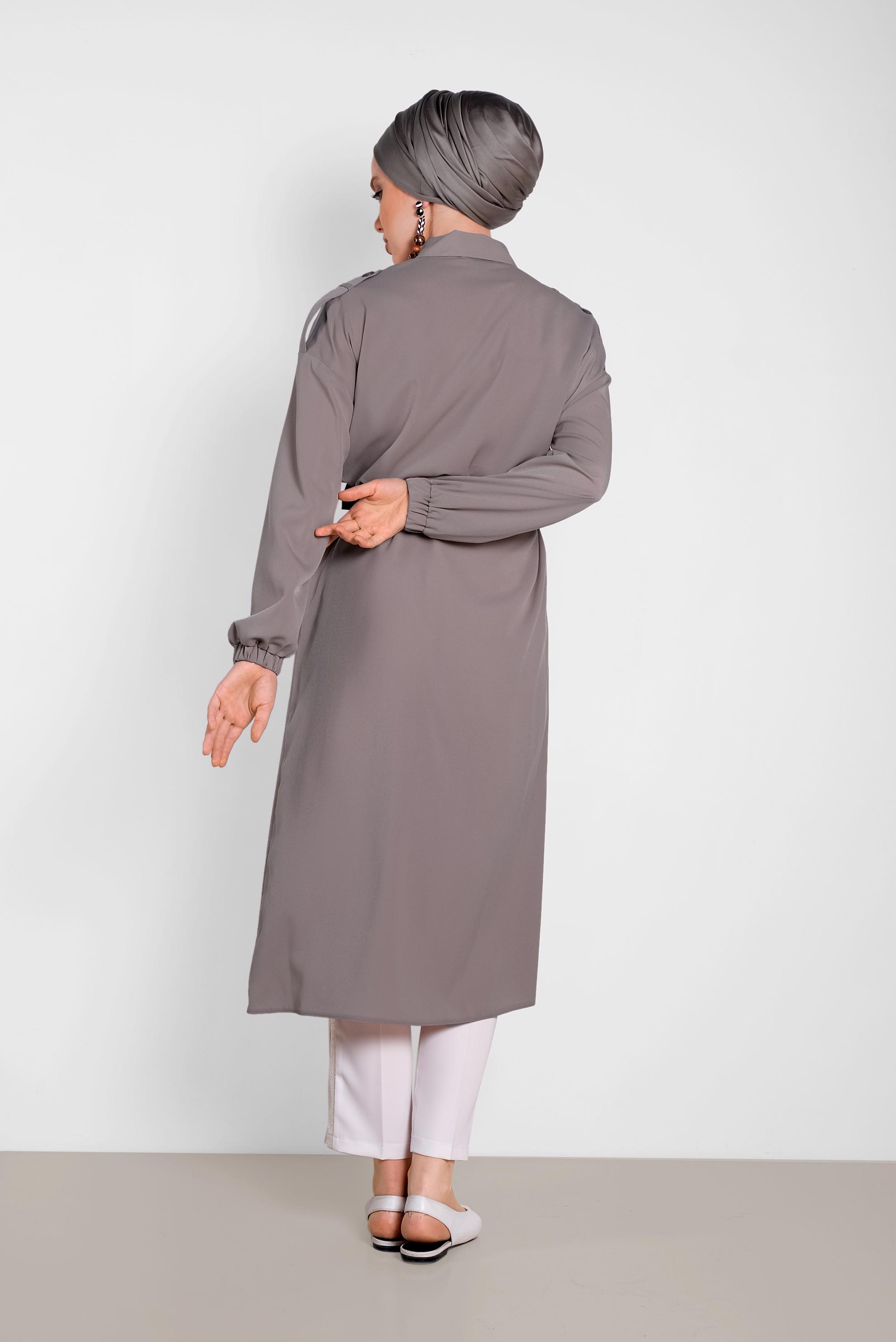 Tesettür giyim VİZON BOYDAN DÜĞMELİ ERKEK YAKA TUNİK 4243