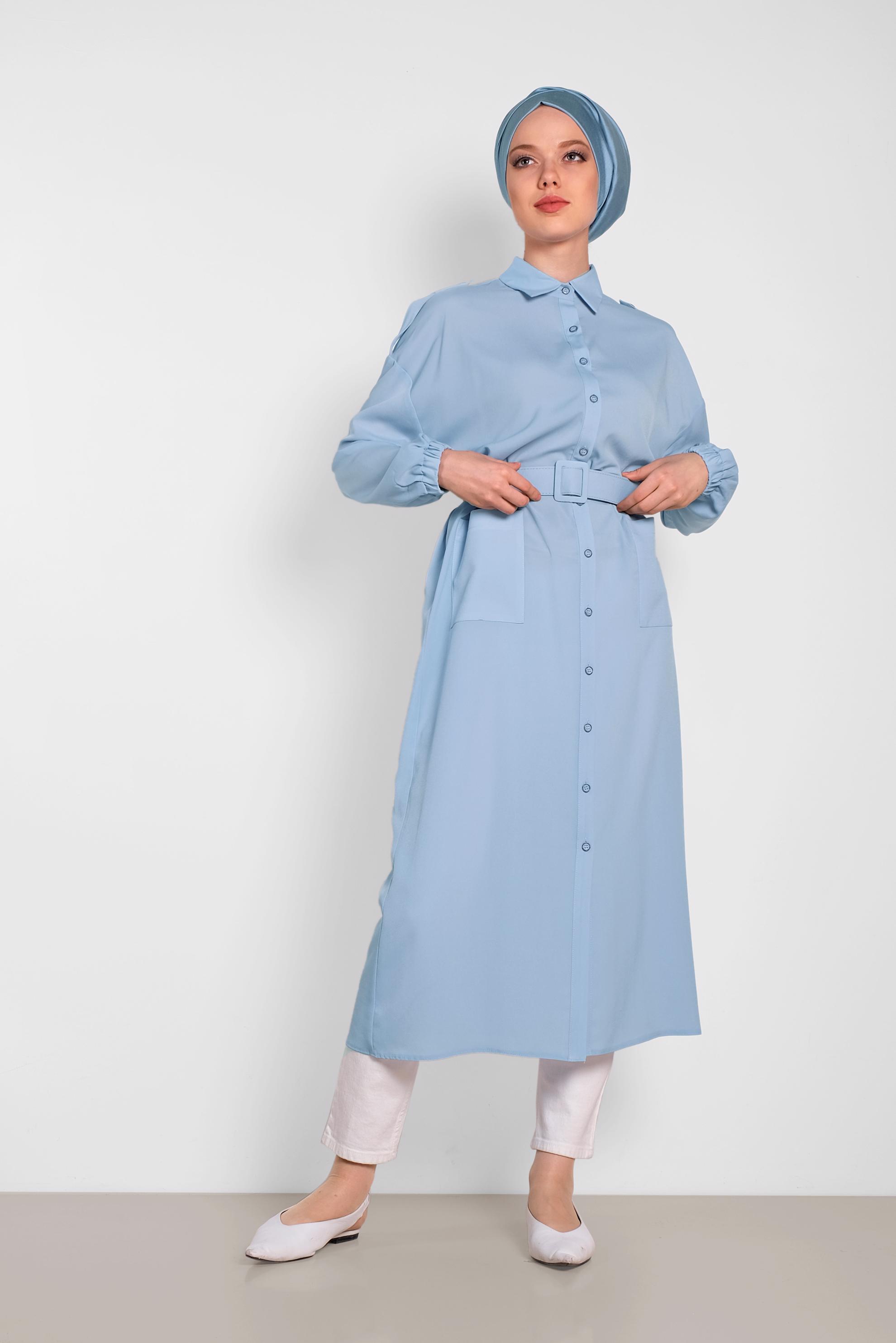 Tesettür giyim MAVİ BOYDAN DÜĞMELİ ERKEK YAKA TUNİK 4243