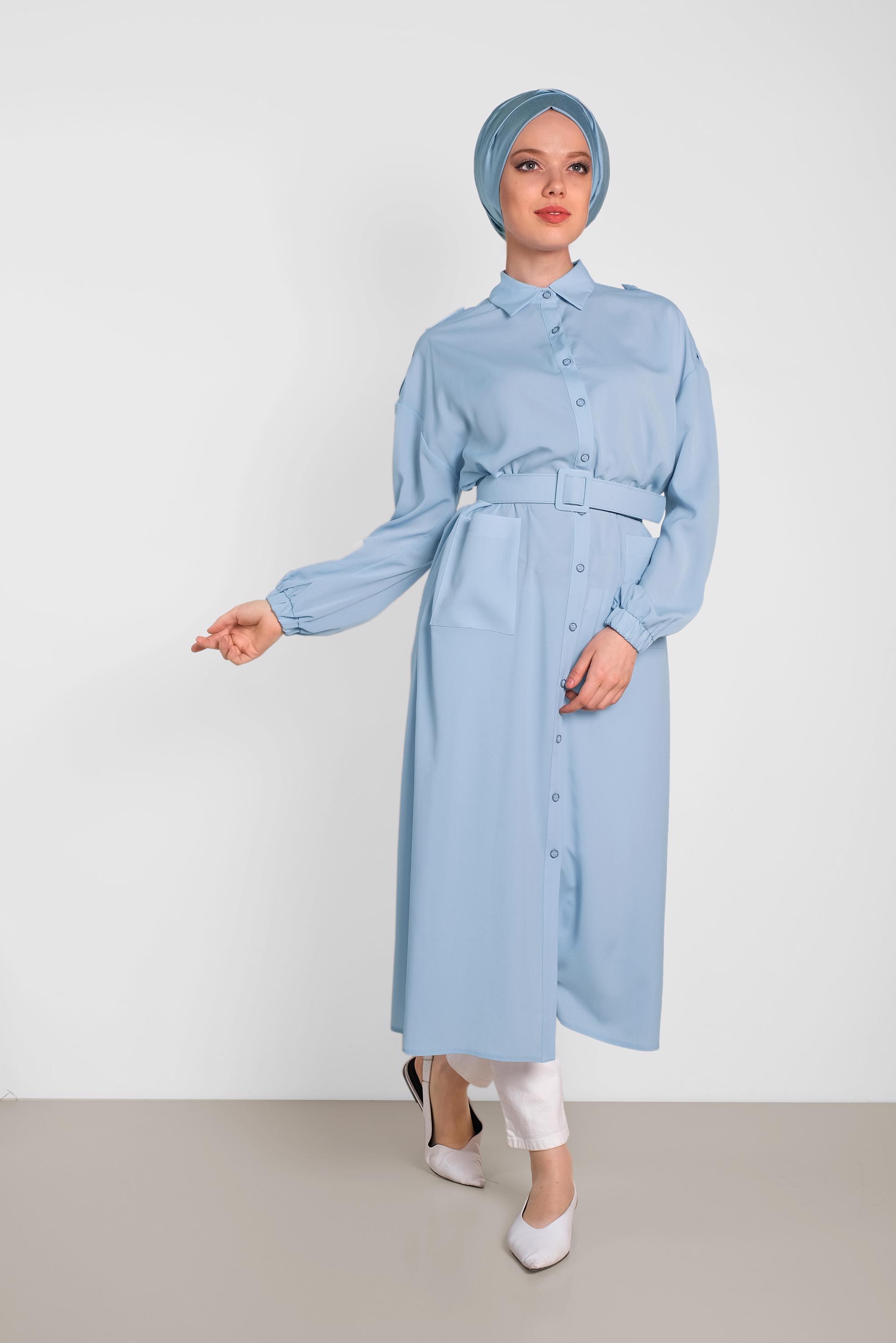 Tesettür giyim MAVİ BOYDAN DÜĞMELİ ERKEK YAKA TUNİK 4243