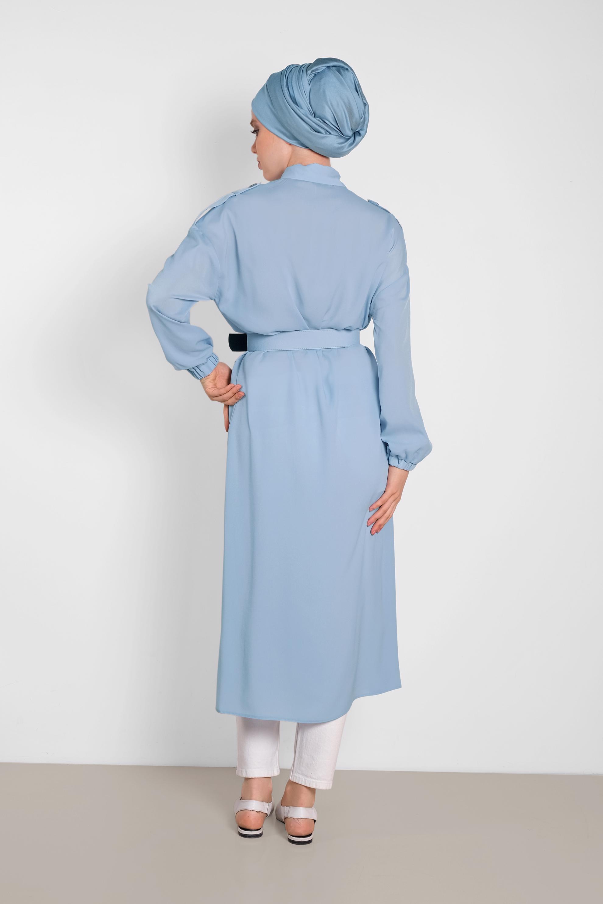 Tesettür giyim MAVİ BOYDAN DÜĞMELİ ERKEK YAKA TUNİK 4243