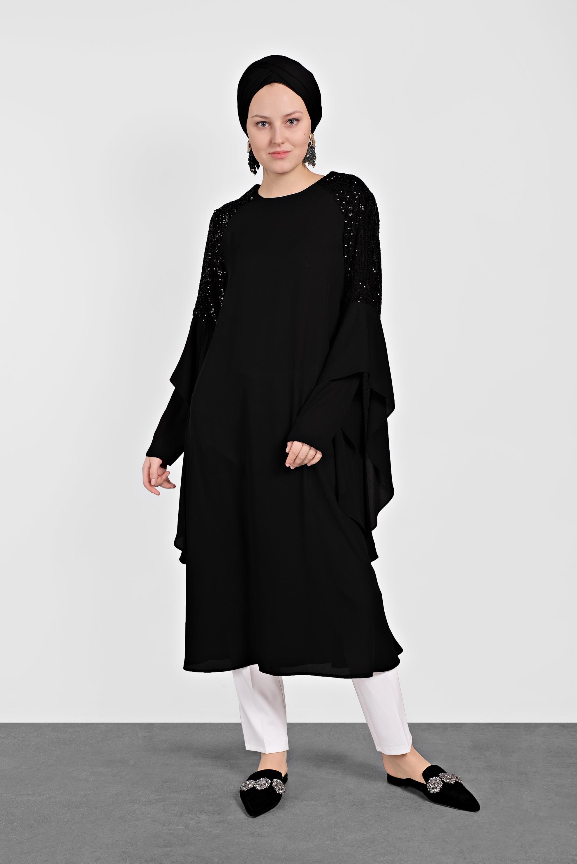 Tesettür giyim SİYAH PUL PAYETLİ ASİMETRİK KESİM ŞİFON TUNİK 4254