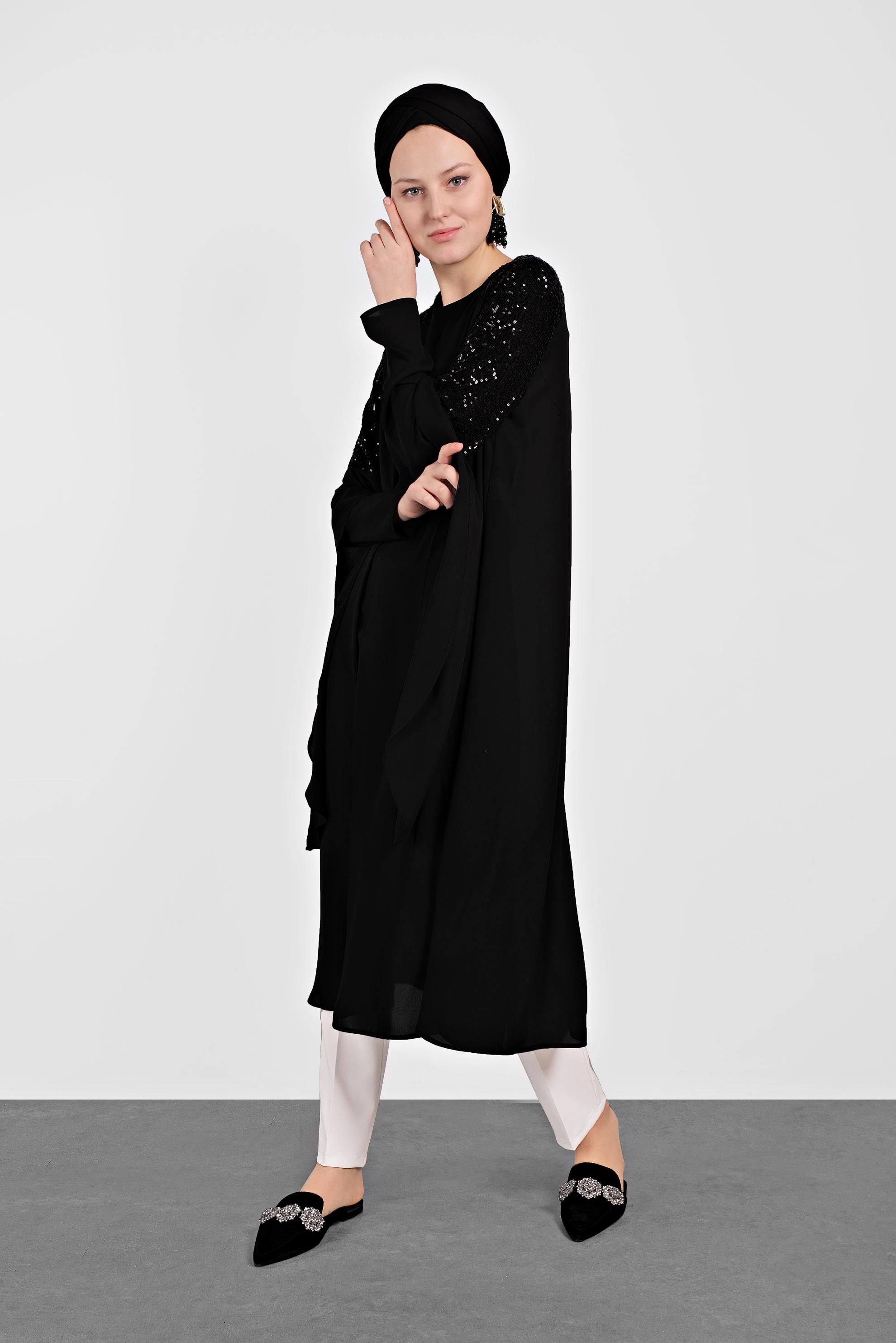 Tesettür giyim SİYAH PUL PAYETLİ ASİMETRİK KESİM ŞİFON TUNİK 4254