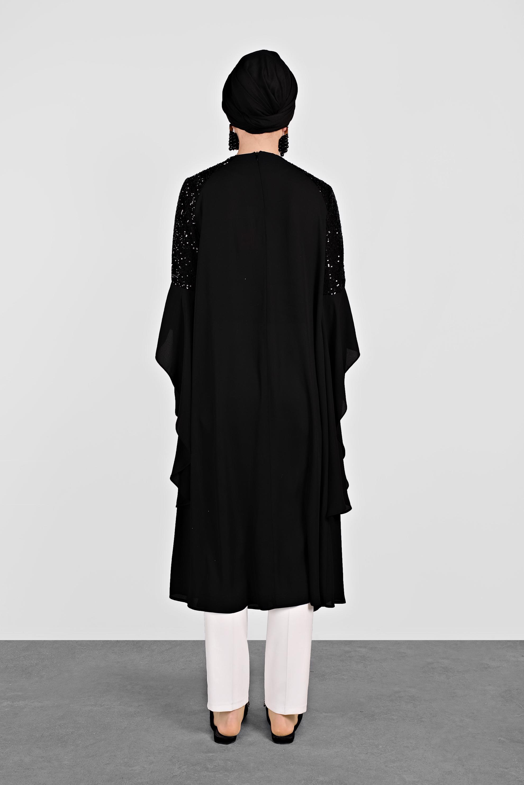 Tesettür giyim SİYAH PUL PAYETLİ ASİMETRİK KESİM ŞİFON TUNİK 4254