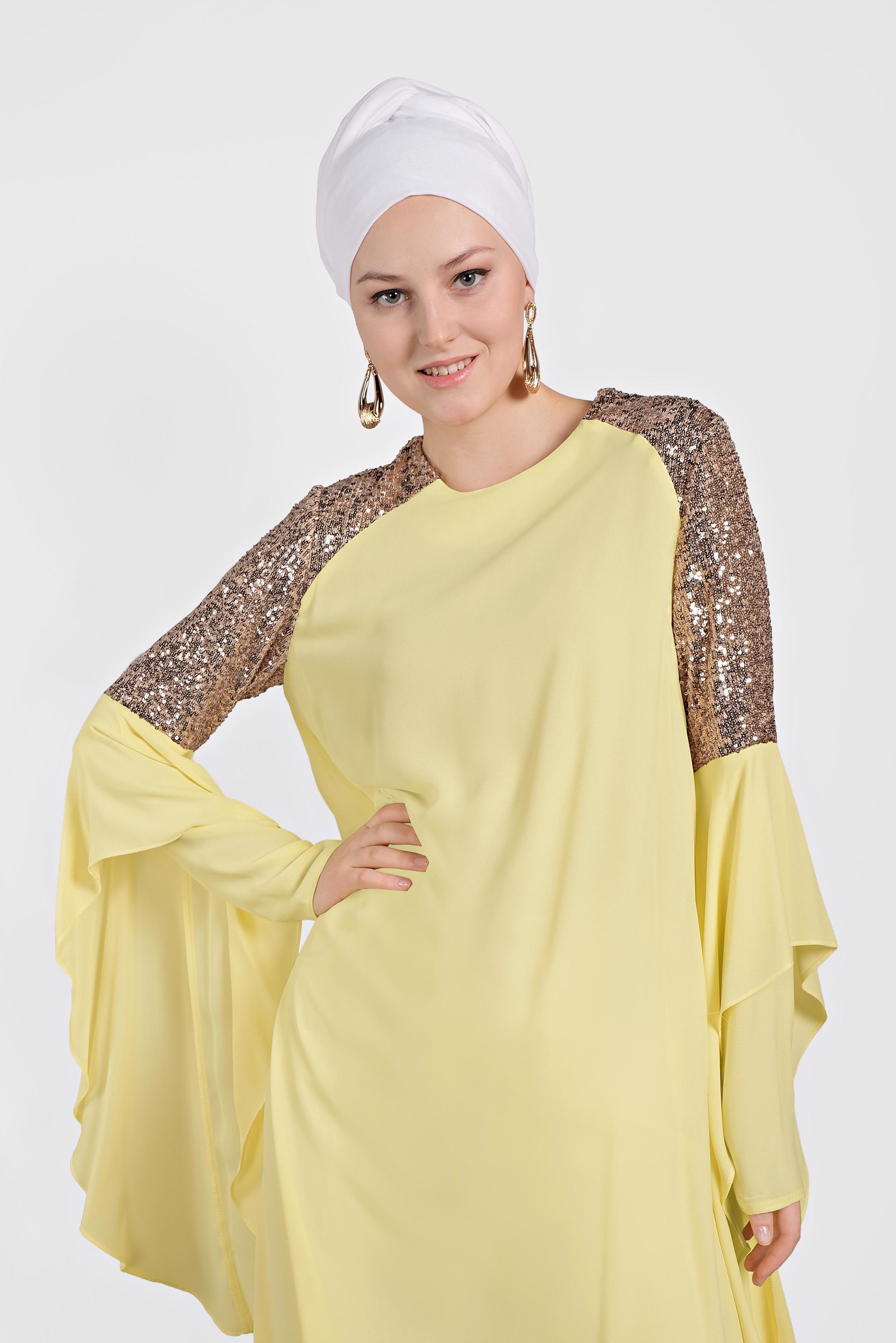 Tesettür giyim SARI PUL PAYETLİ ASİMETRİK KESİM ŞİFON TUNİK 4254