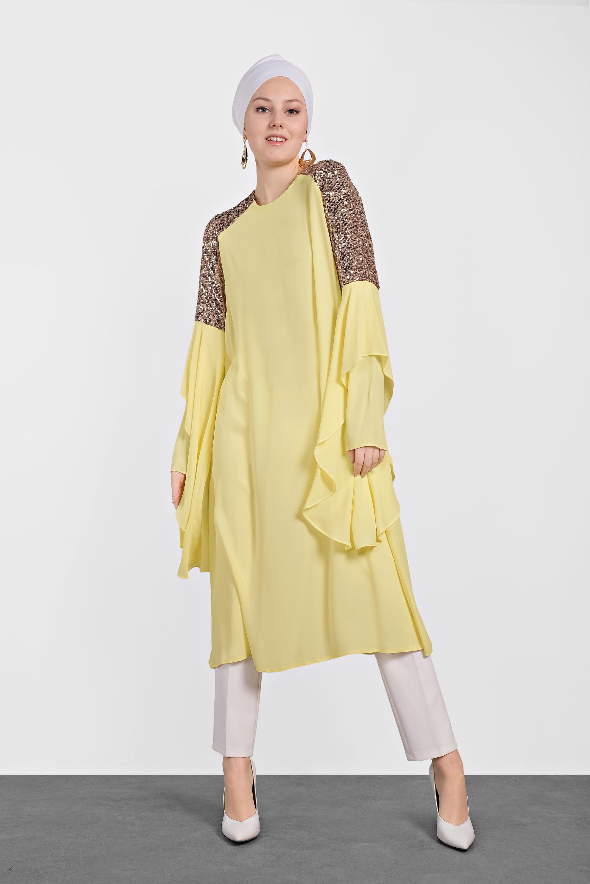 Tesettür giyim SARI PUL PAYETLİ ASİMETRİK KESİM ŞİFON TUNİK 4254