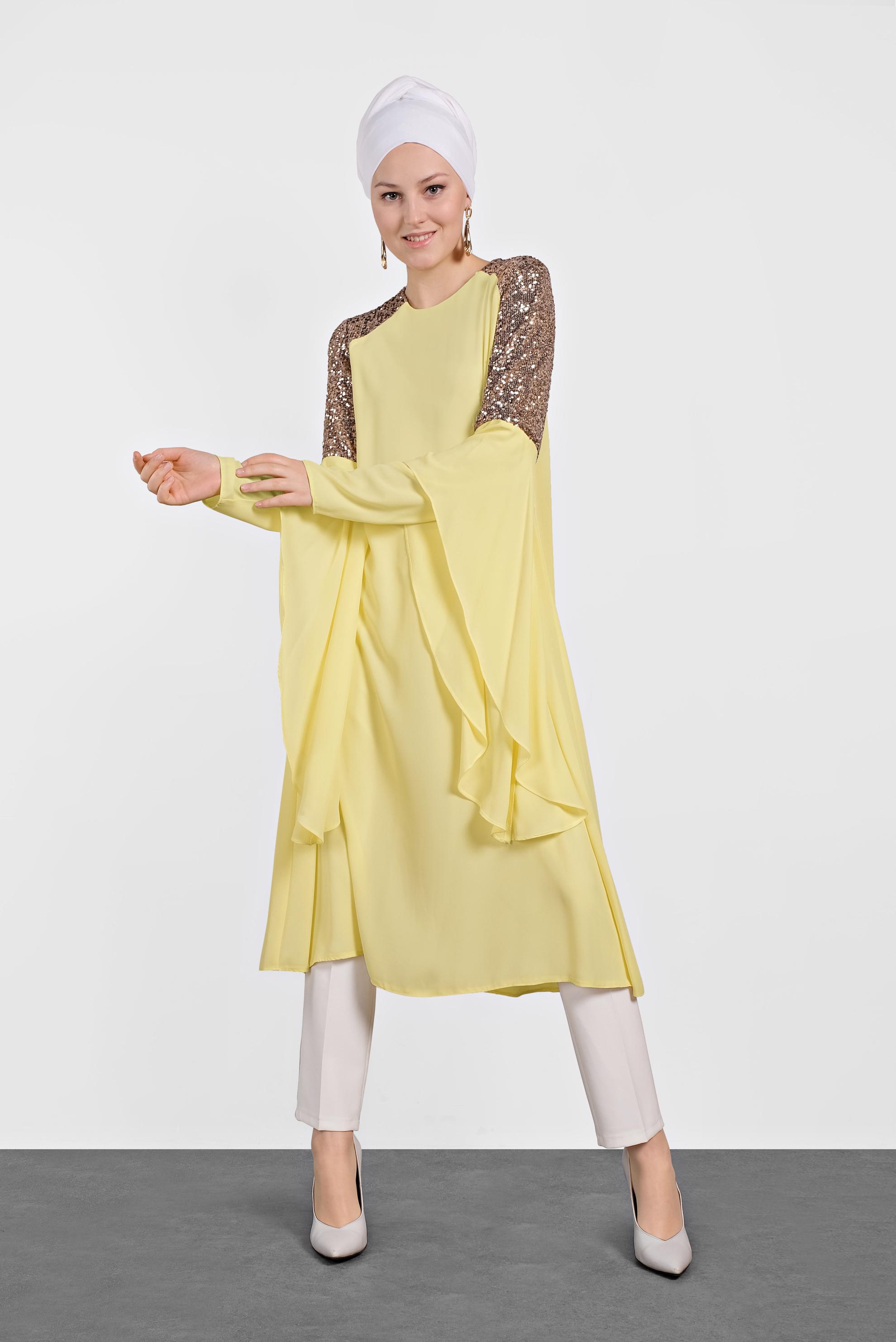 Tesettür giyim SARI PUL PAYETLİ ASİMETRİK KESİM ŞİFON TUNİK 4254