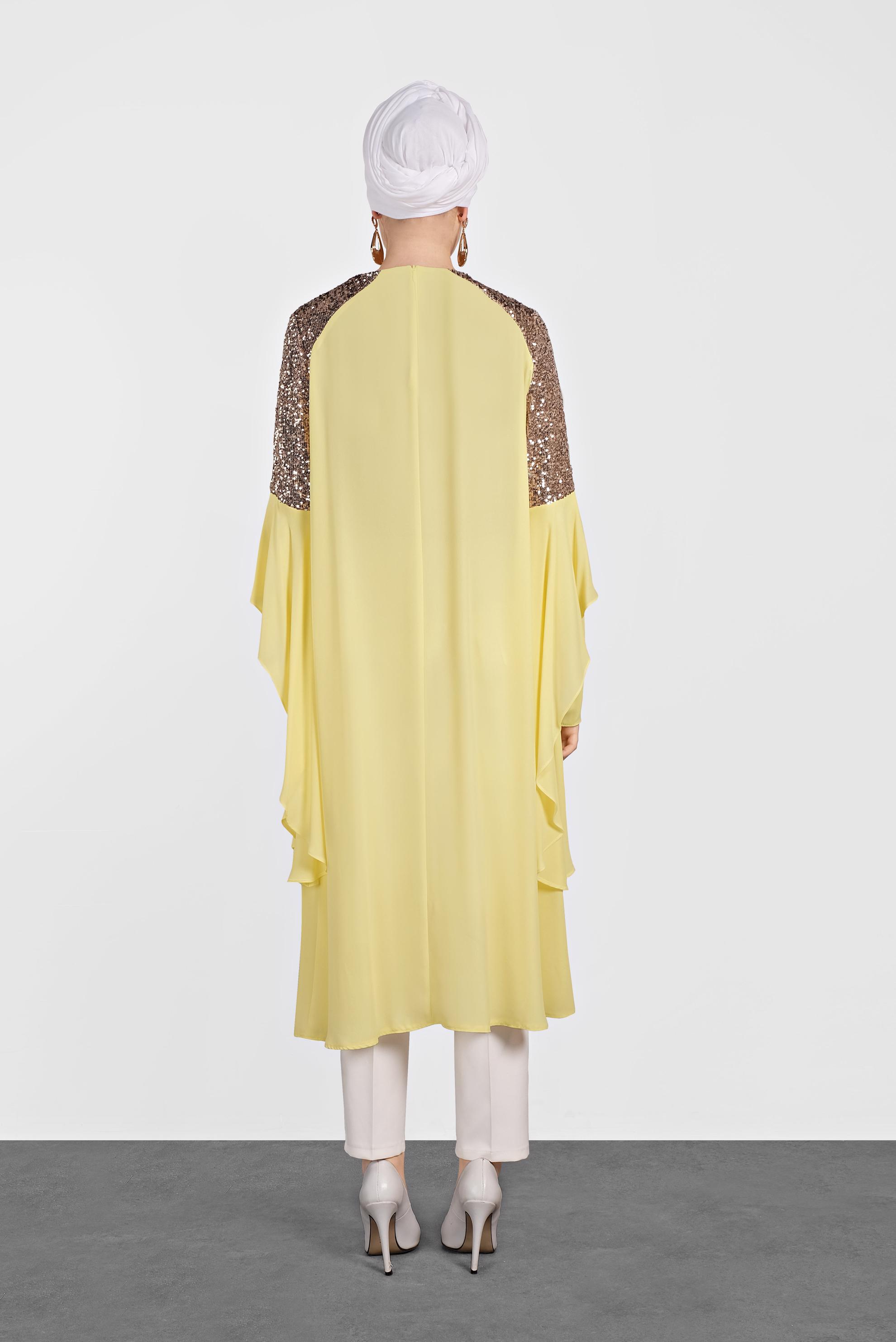 Tesettür giyim SARI PUL PAYETLİ ASİMETRİK KESİM ŞİFON TUNİK 4254