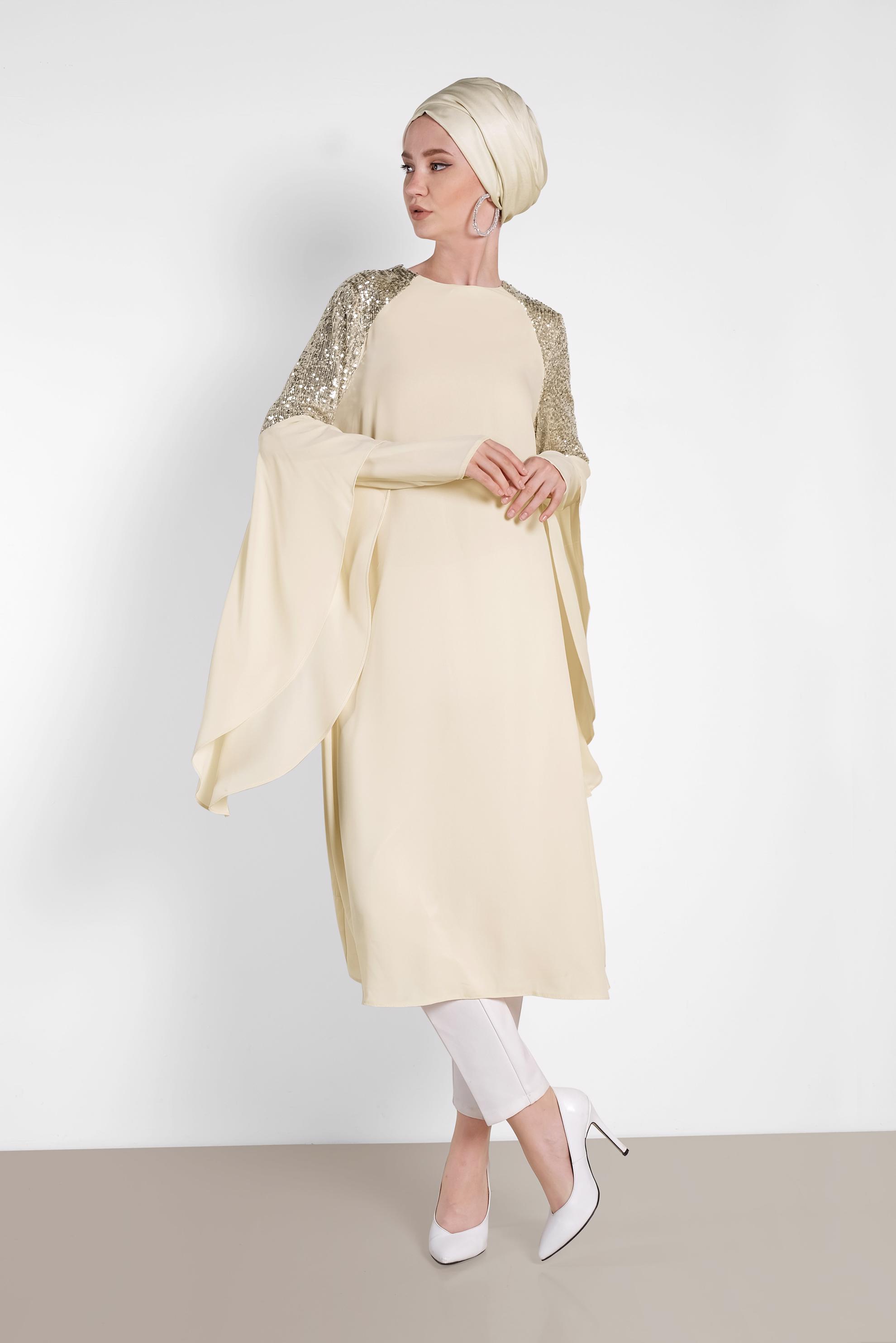 Tesettür giyim BEJ PUL PAYETLİ ASİMETRİK KESİM ŞİFON TUNİK 4254