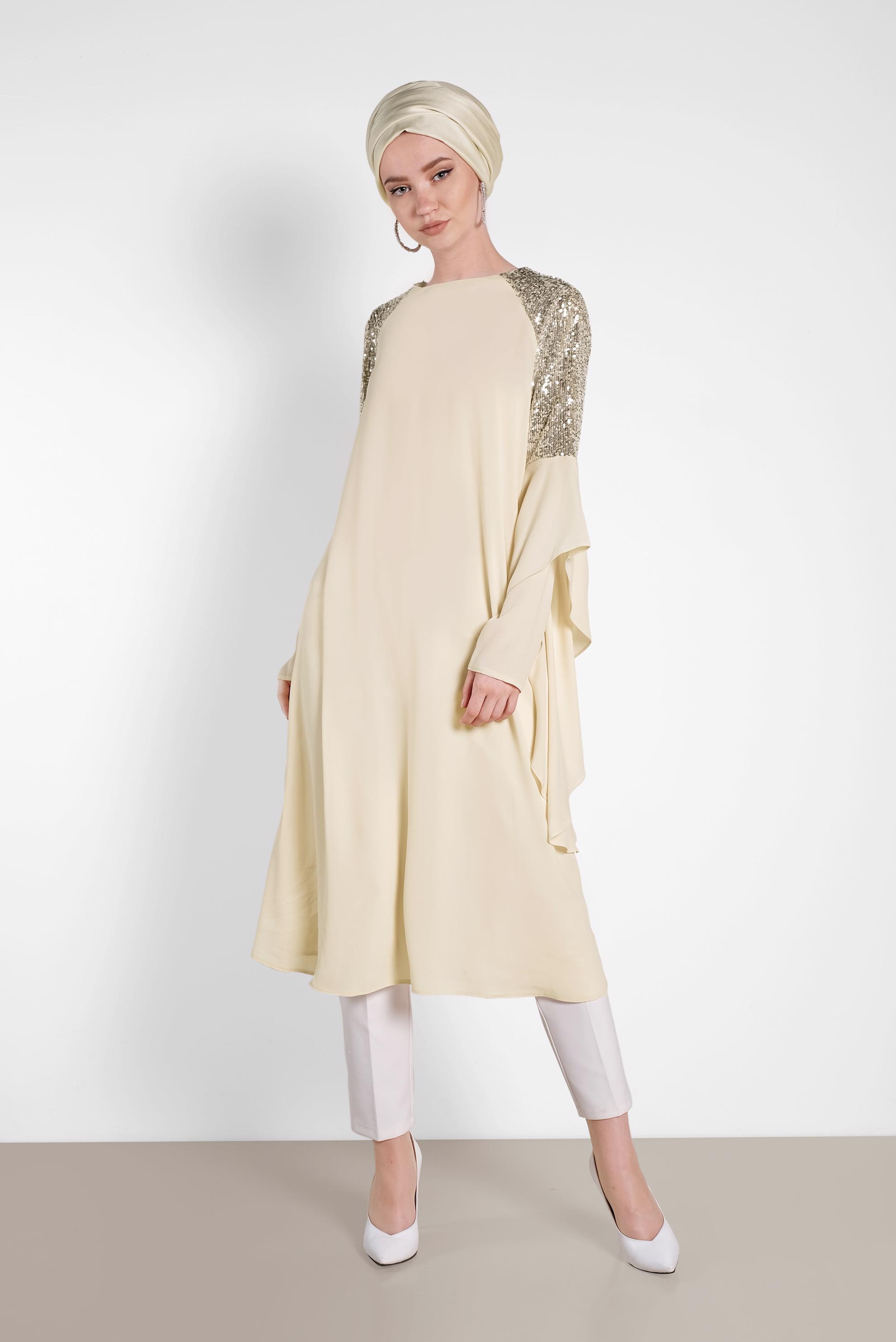 Tesettür giyim BEJ PUL PAYETLİ ASİMETRİK KESİM ŞİFON TUNİK 4254