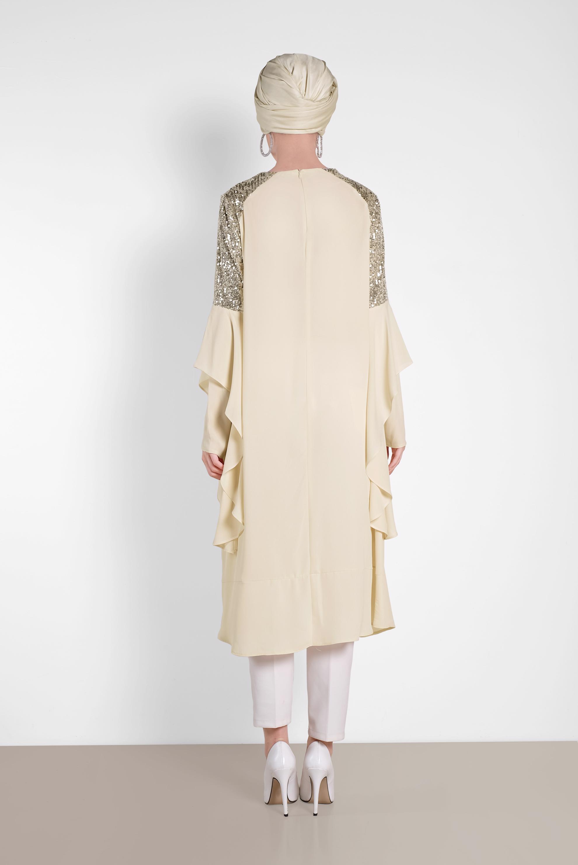 Tesettür giyim BEJ PUL PAYETLİ ASİMETRİK KESİM ŞİFON TUNİK 4254