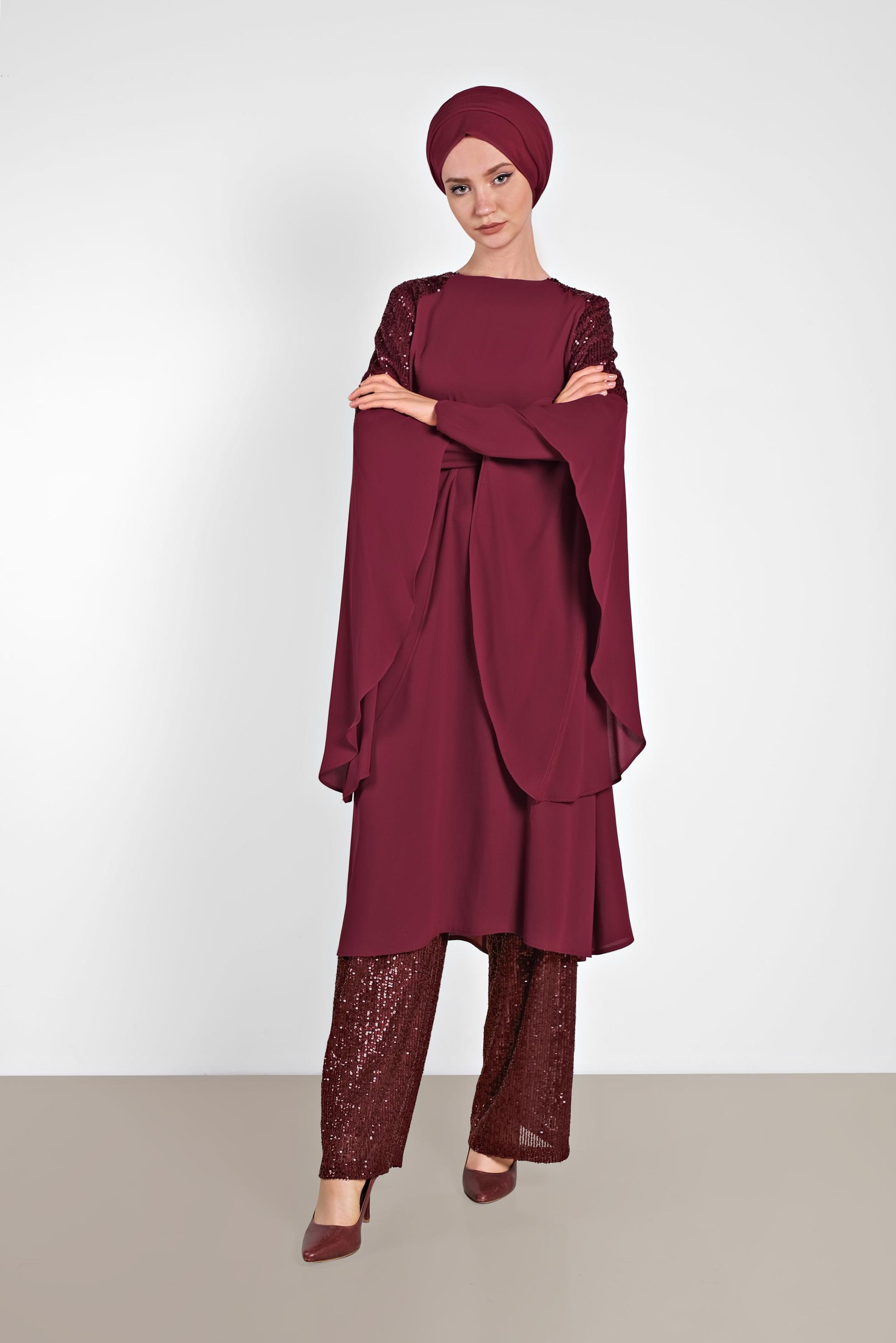Tesettür giyim BORDO PUL PAYETLİ ASİMETRİK KESİM ŞİFON TUNİK 4254