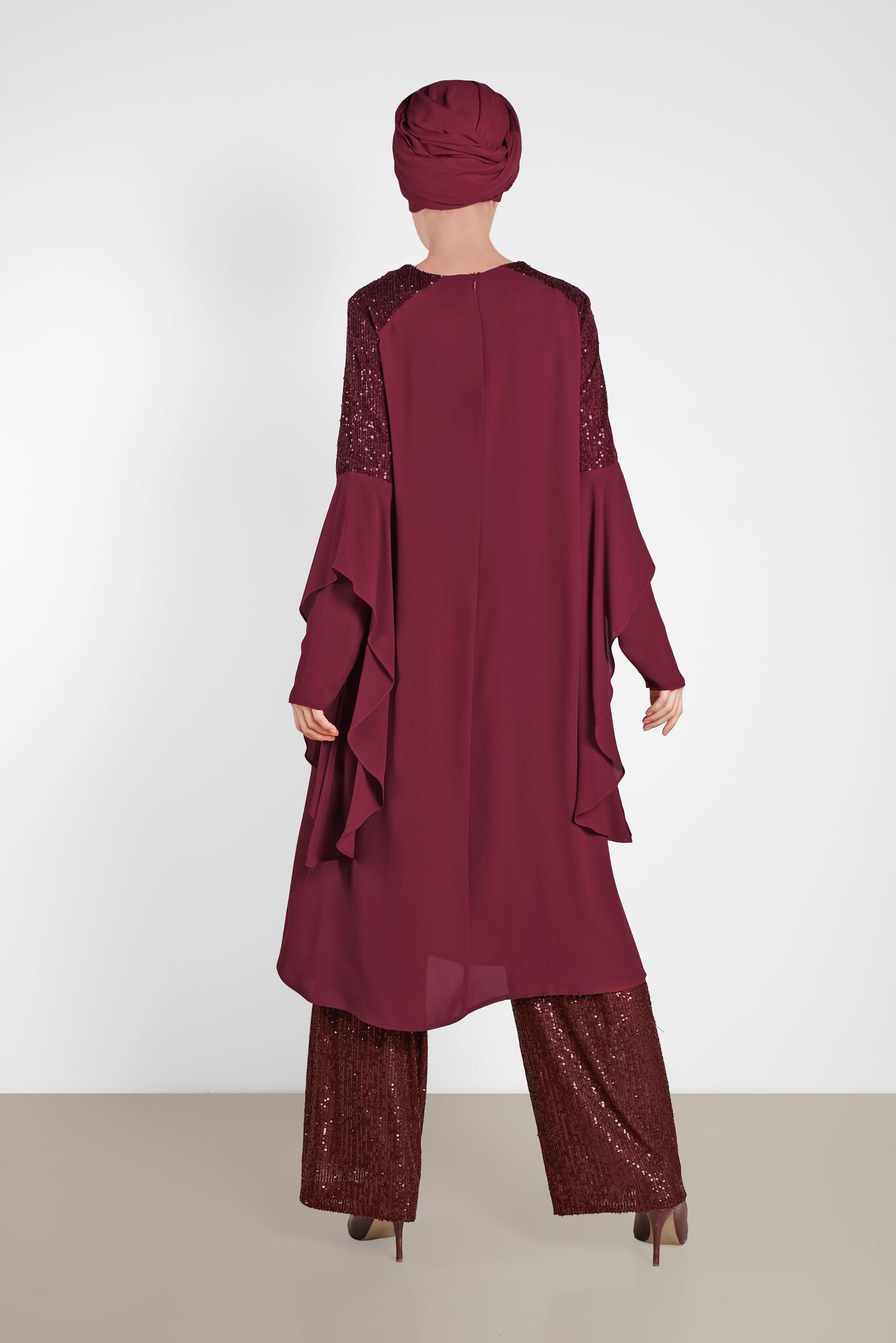 Tesettür giyim BORDO PUL PAYETLİ ASİMETRİK KESİM ŞİFON TUNİK 4254
