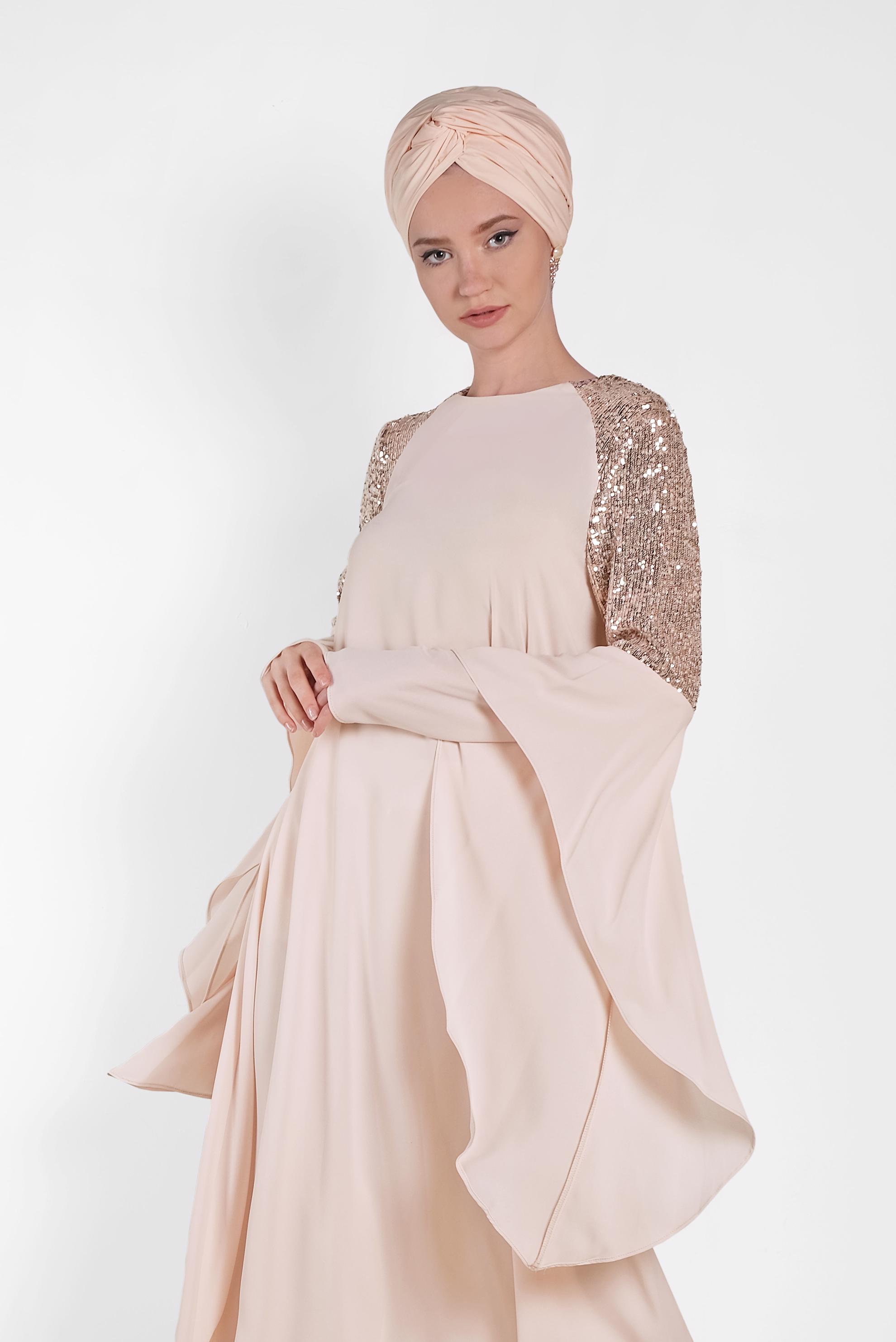 Tesettür giyim PUDRA PUL PAYETLİ ASİMETRİK KESİM ŞİFON TUNİK 4254