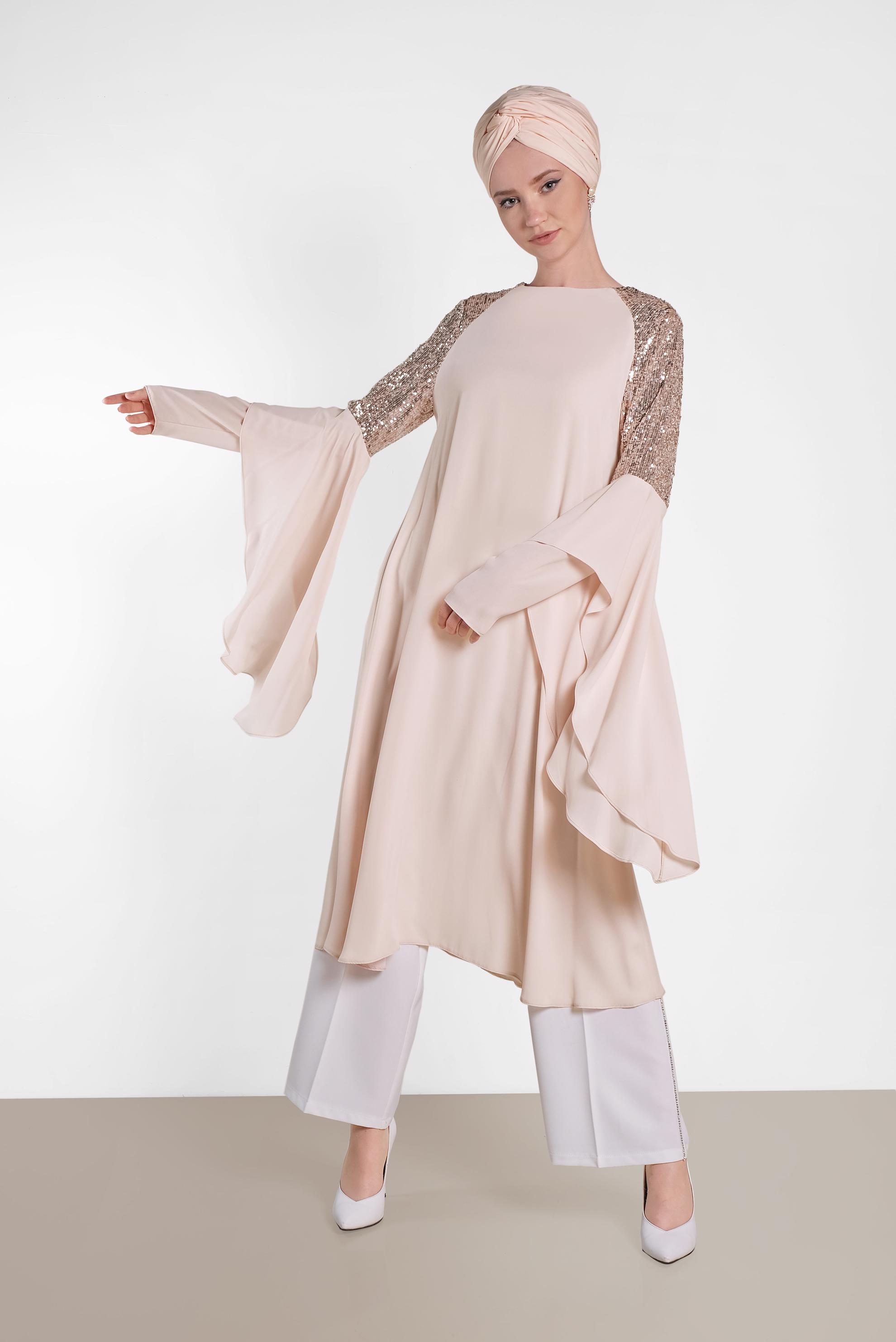 Tesettür giyim PUDRA PUL PAYETLİ ASİMETRİK KESİM ŞİFON TUNİK 4254