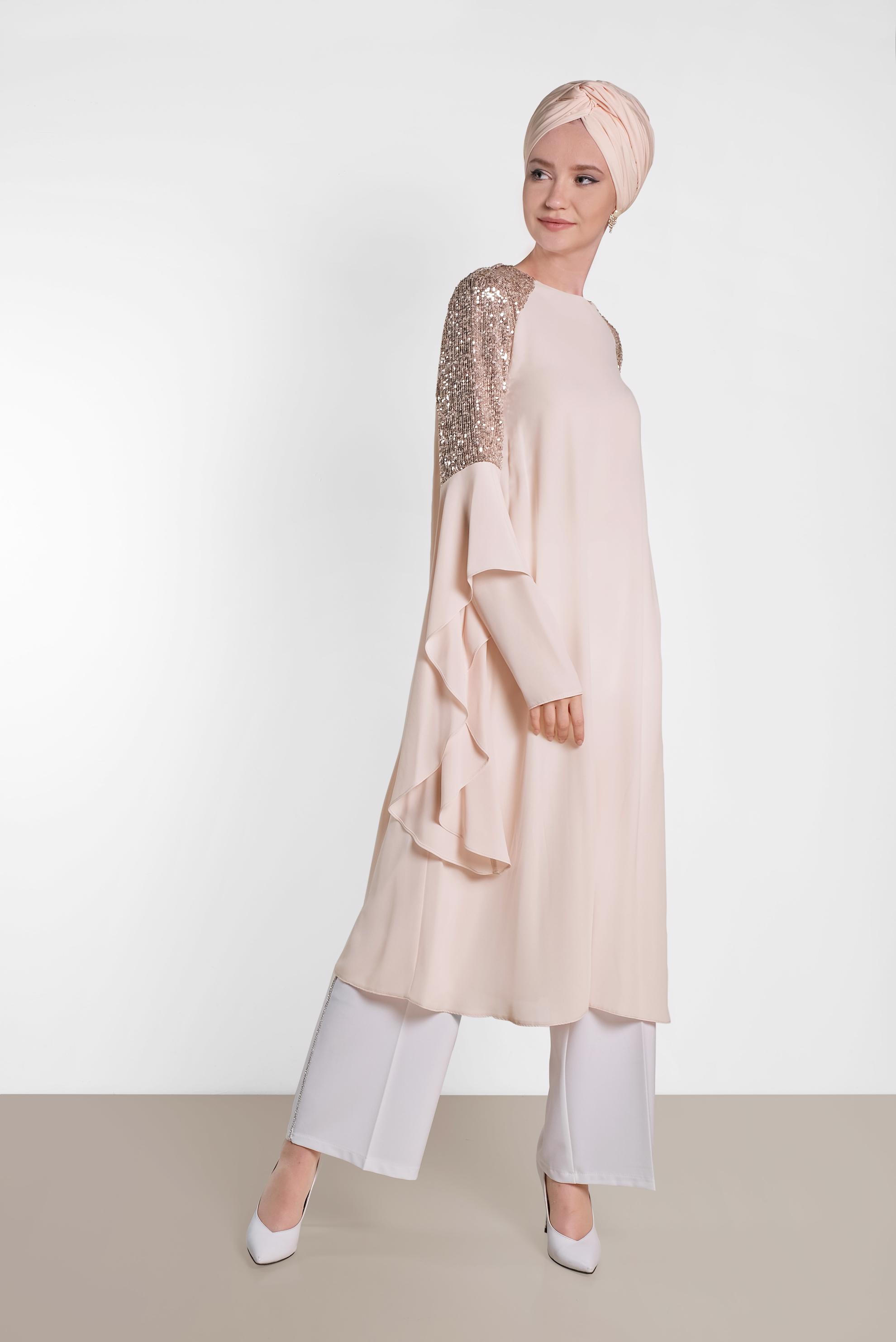 Tesettür giyim PUDRA PUL PAYETLİ ASİMETRİK KESİM ŞİFON TUNİK 4254