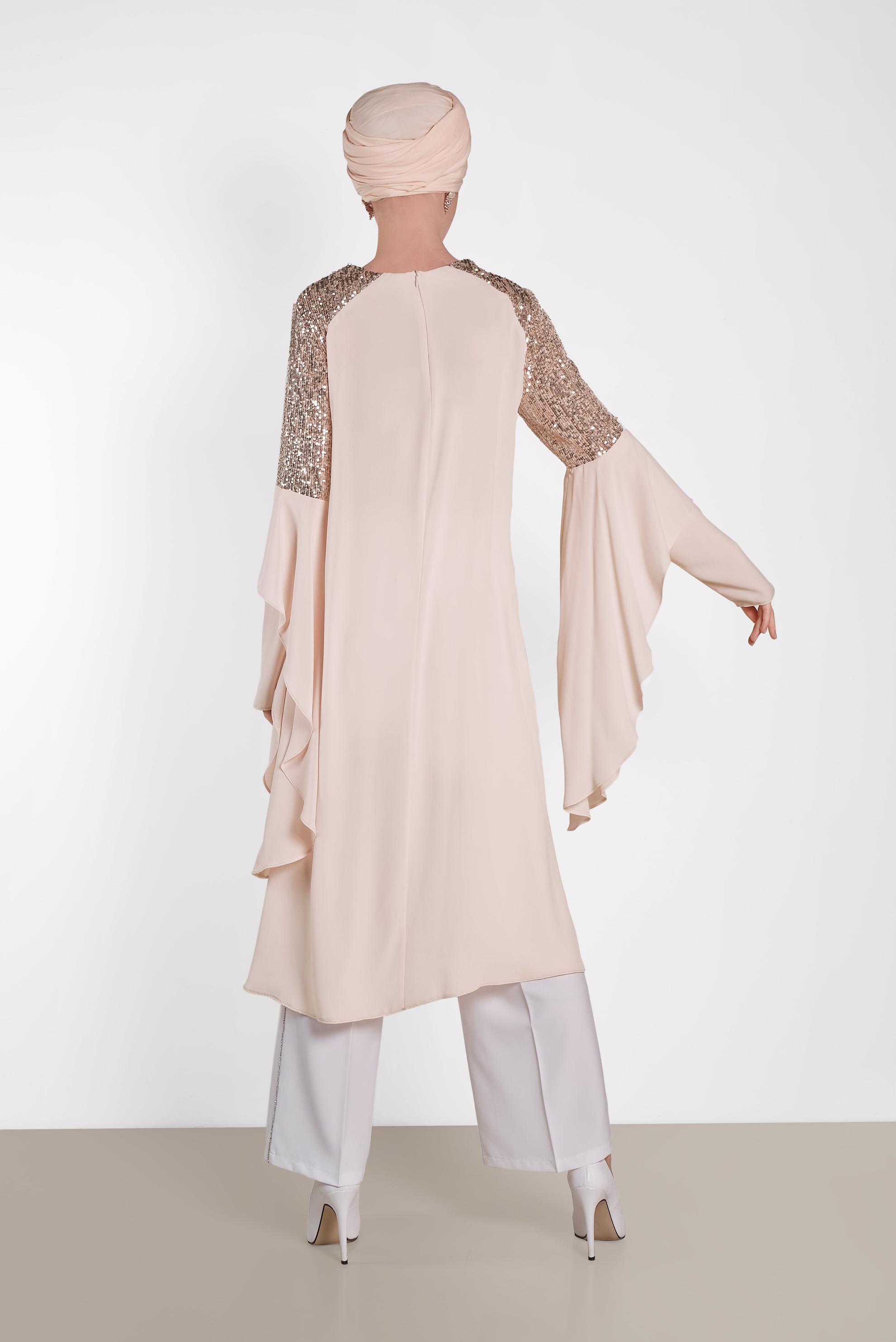 Tesettür giyim PUDRA PUL PAYETLİ ASİMETRİK KESİM ŞİFON TUNİK 4254