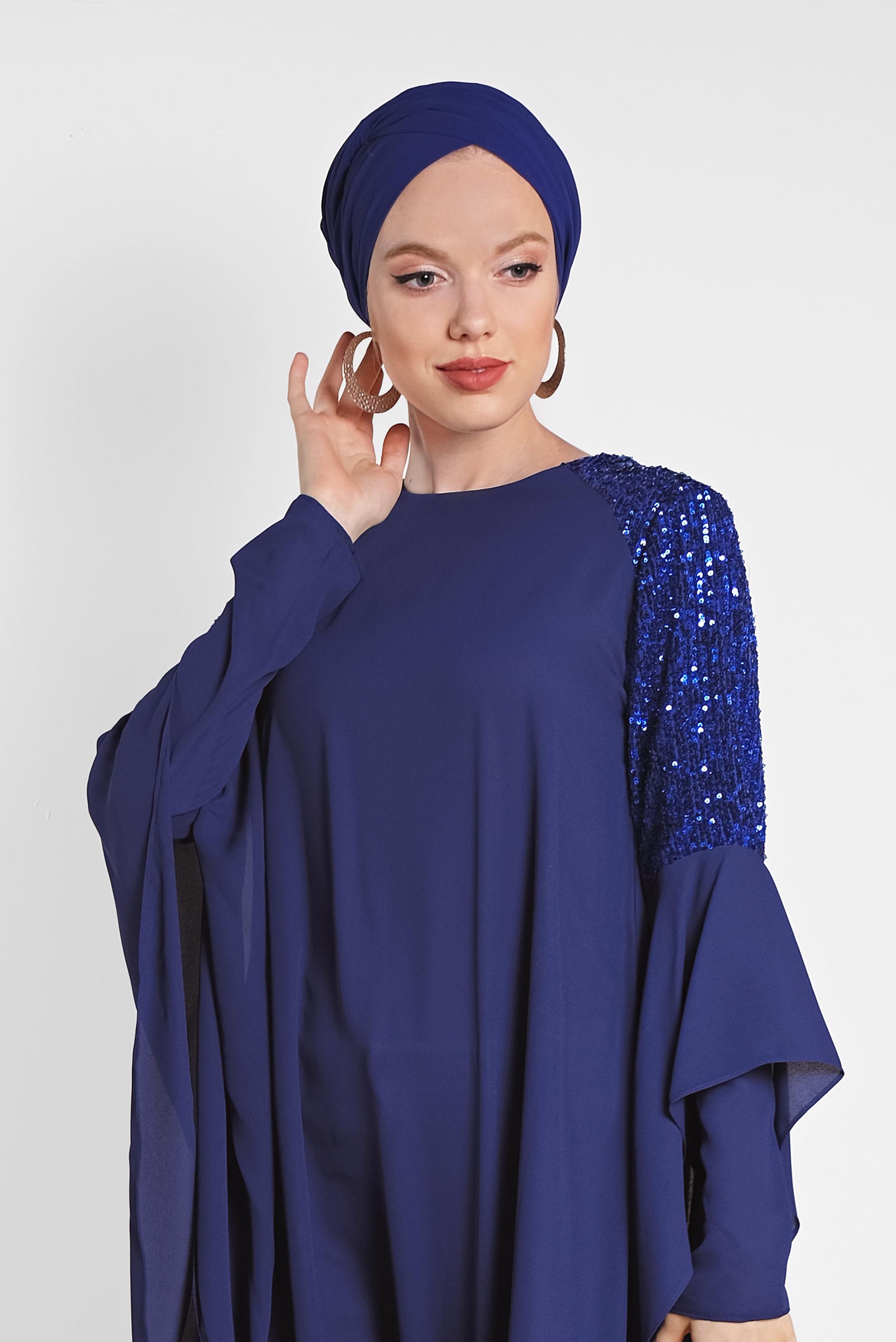 Tesettür giyim MAVİ PUL PAYETLİ ASİMETRİK KESİM ŞİFON TUNİK 4254