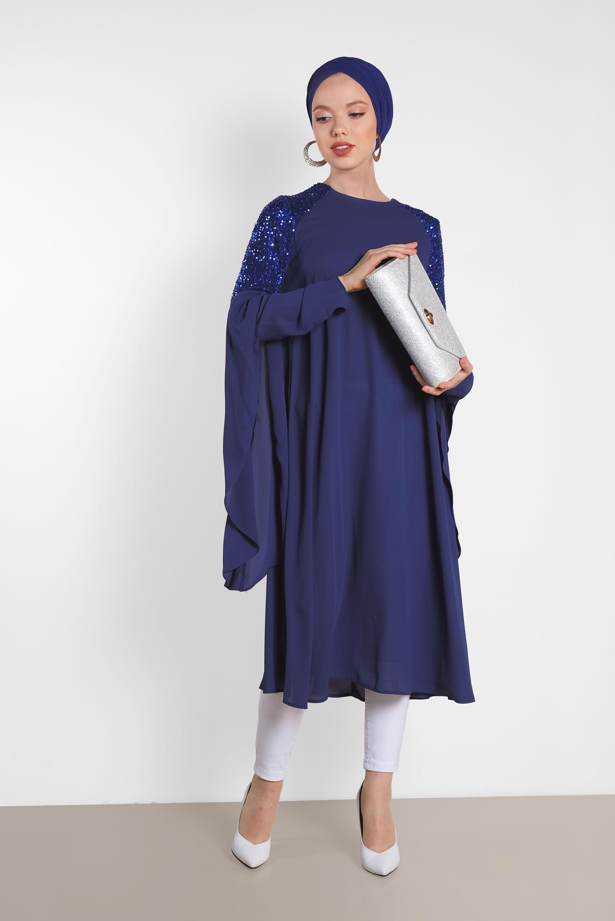 Tesettür giyim MAVİ PUL PAYETLİ ASİMETRİK KESİM ŞİFON TUNİK 4254