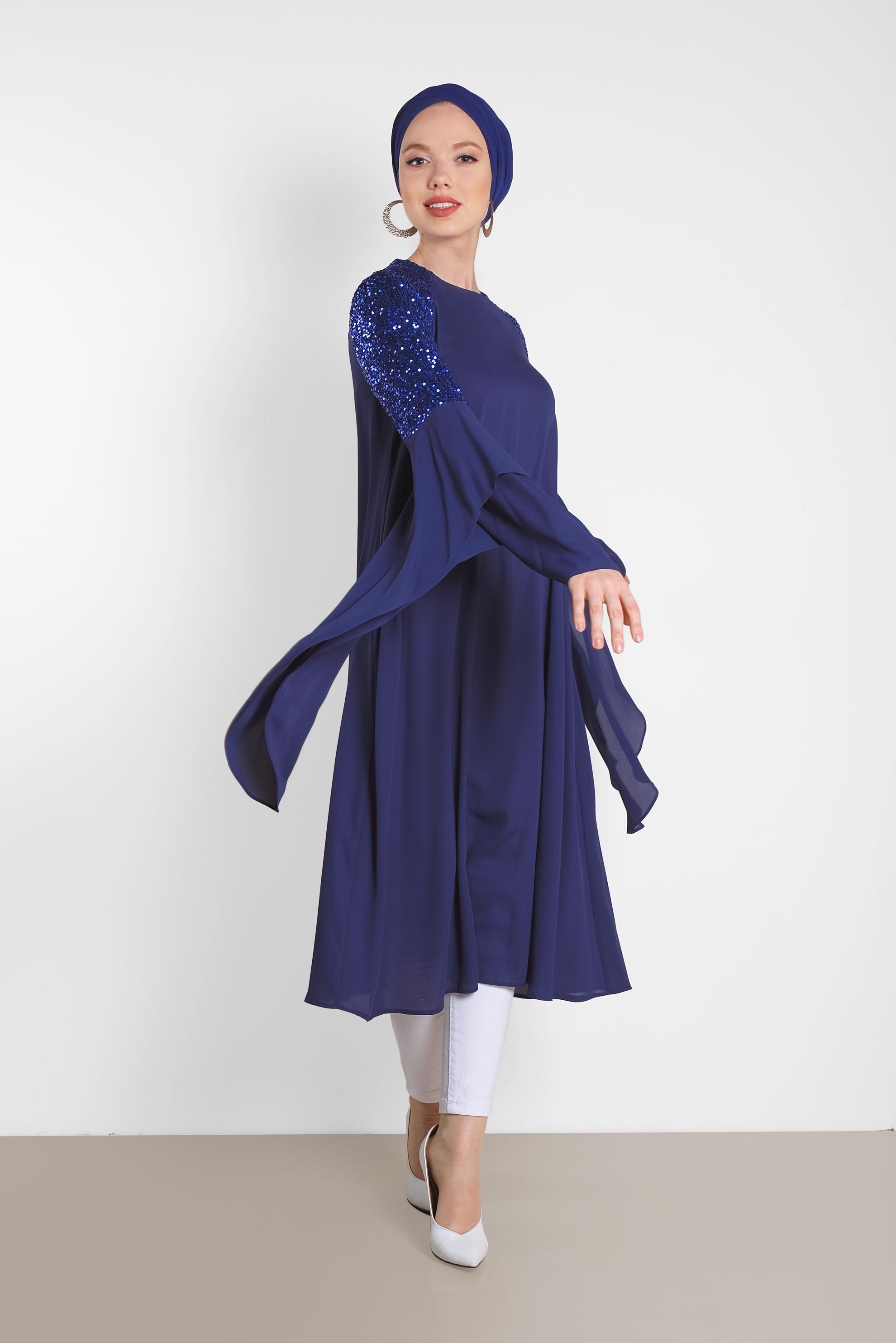 Tesettür giyim MAVİ PUL PAYETLİ ASİMETRİK KESİM ŞİFON TUNİK 4254