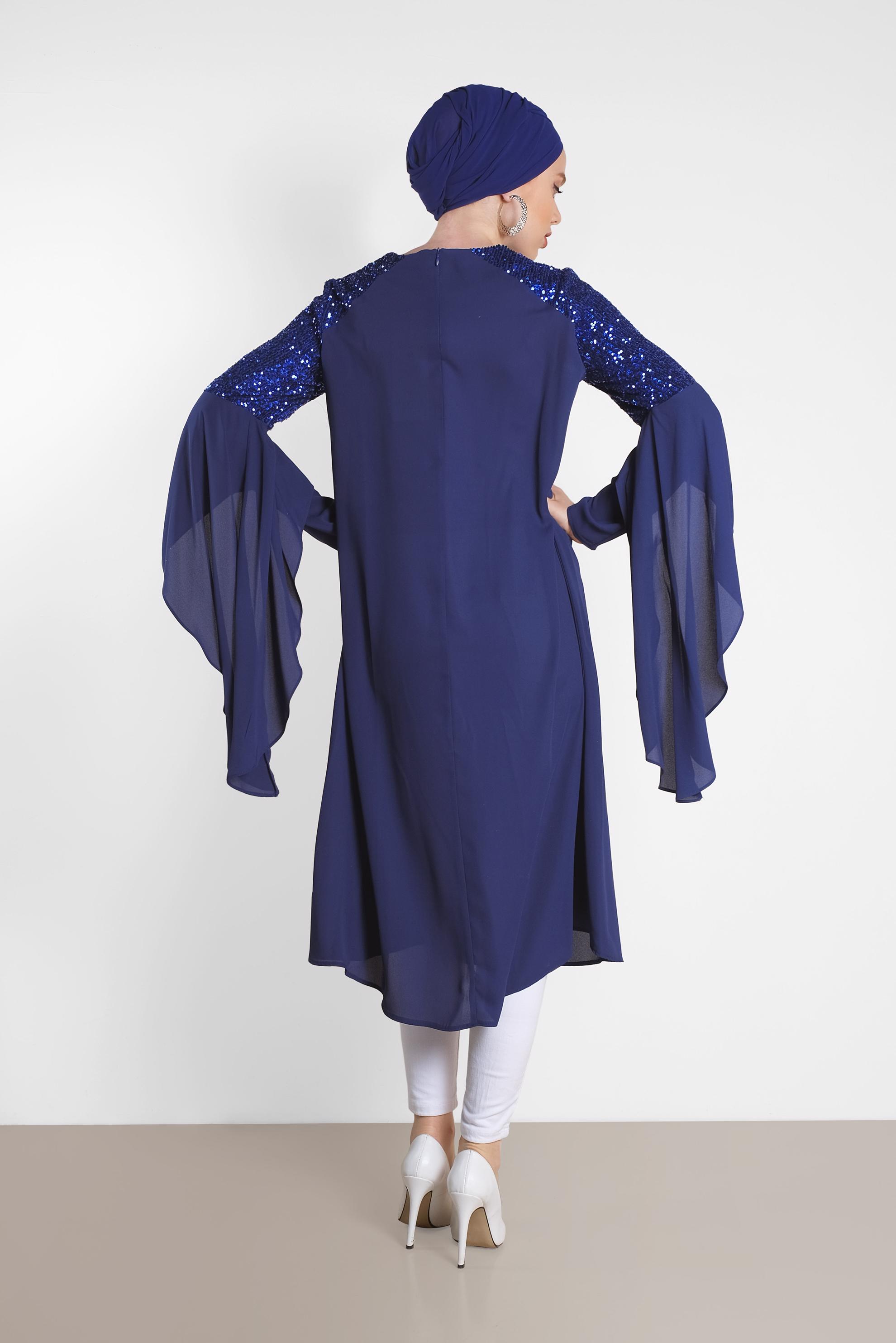 Tesettür giyim MAVİ PUL PAYETLİ ASİMETRİK KESİM ŞİFON TUNİK 4254