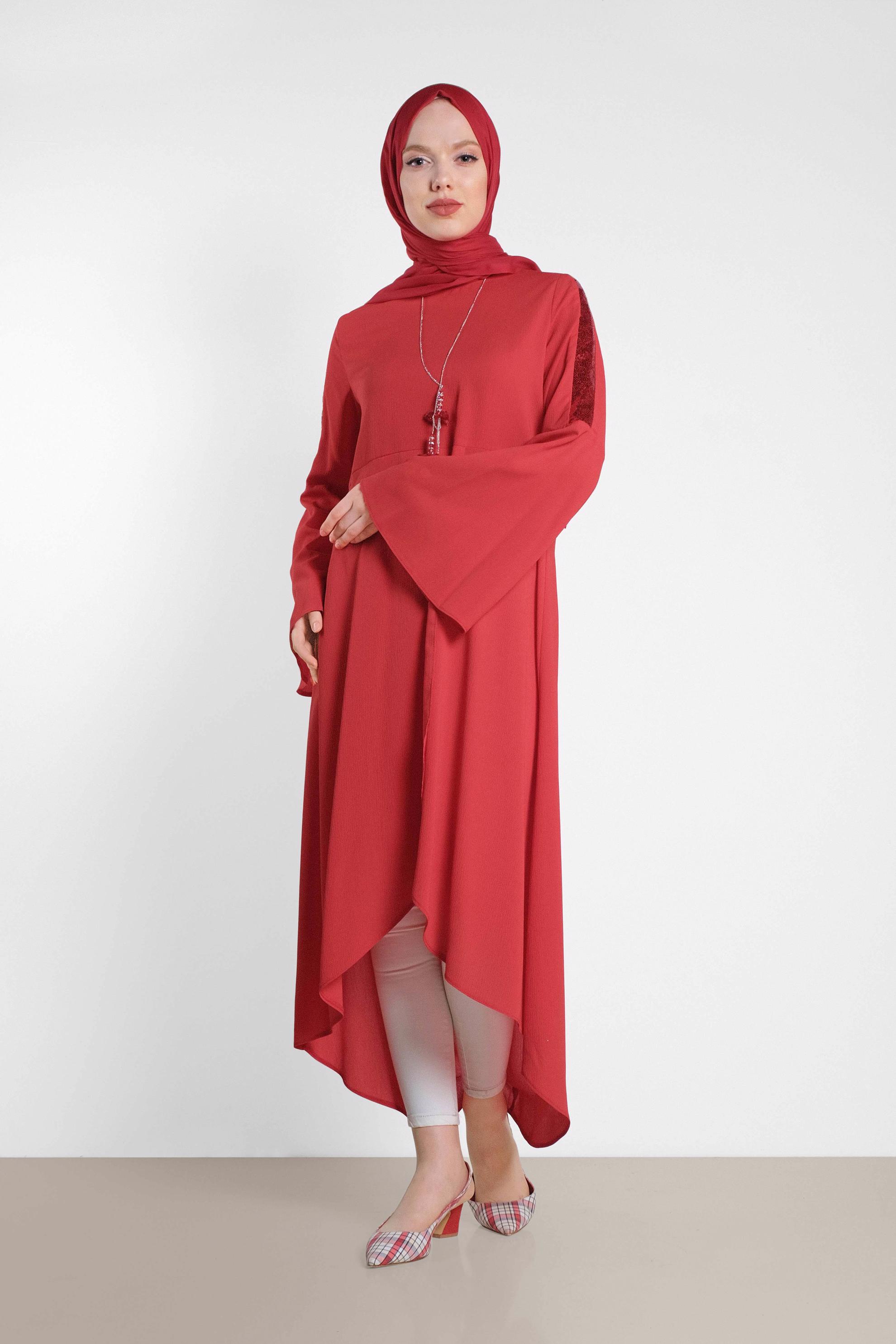 Tesettür giyim KIRMIZI ASİMETRİK KESİM SALAŞ TUNİK 4262