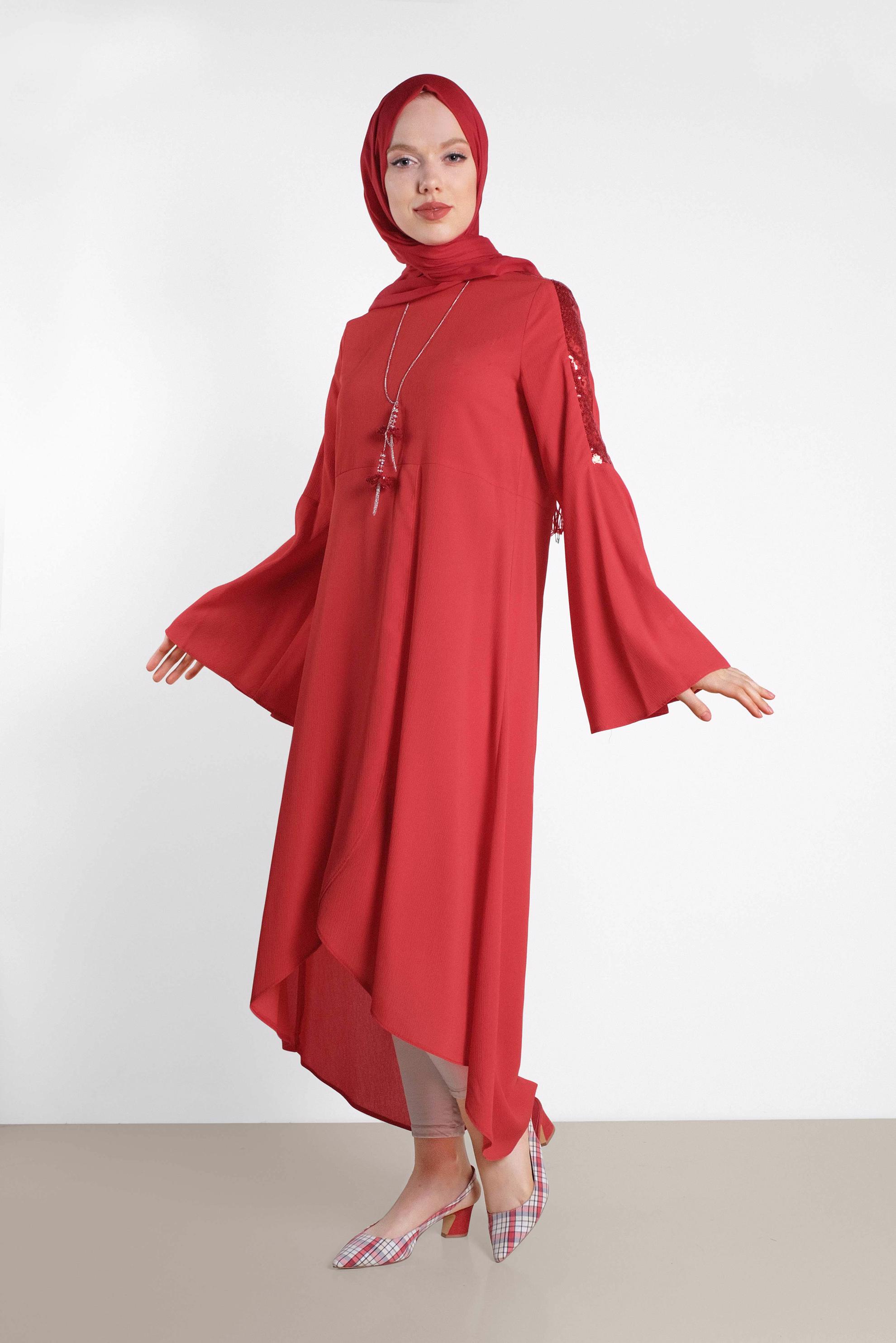 Tesettür giyim KIRMIZI ASİMETRİK KESİM SALAŞ TUNİK 4262