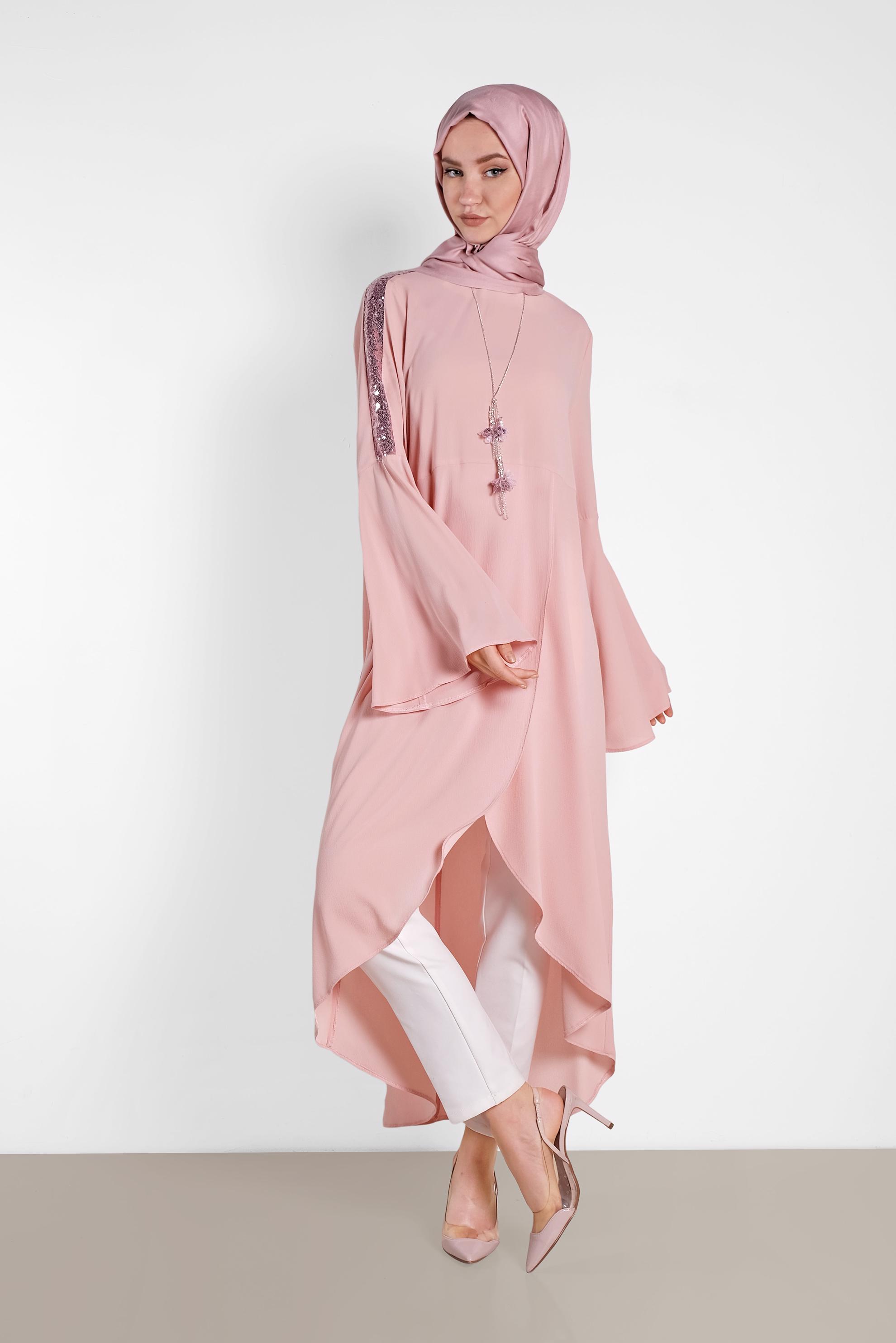 Tesettür giyim PUDRA ASİMETRİK KESİM SALAŞ TUNİK 4262