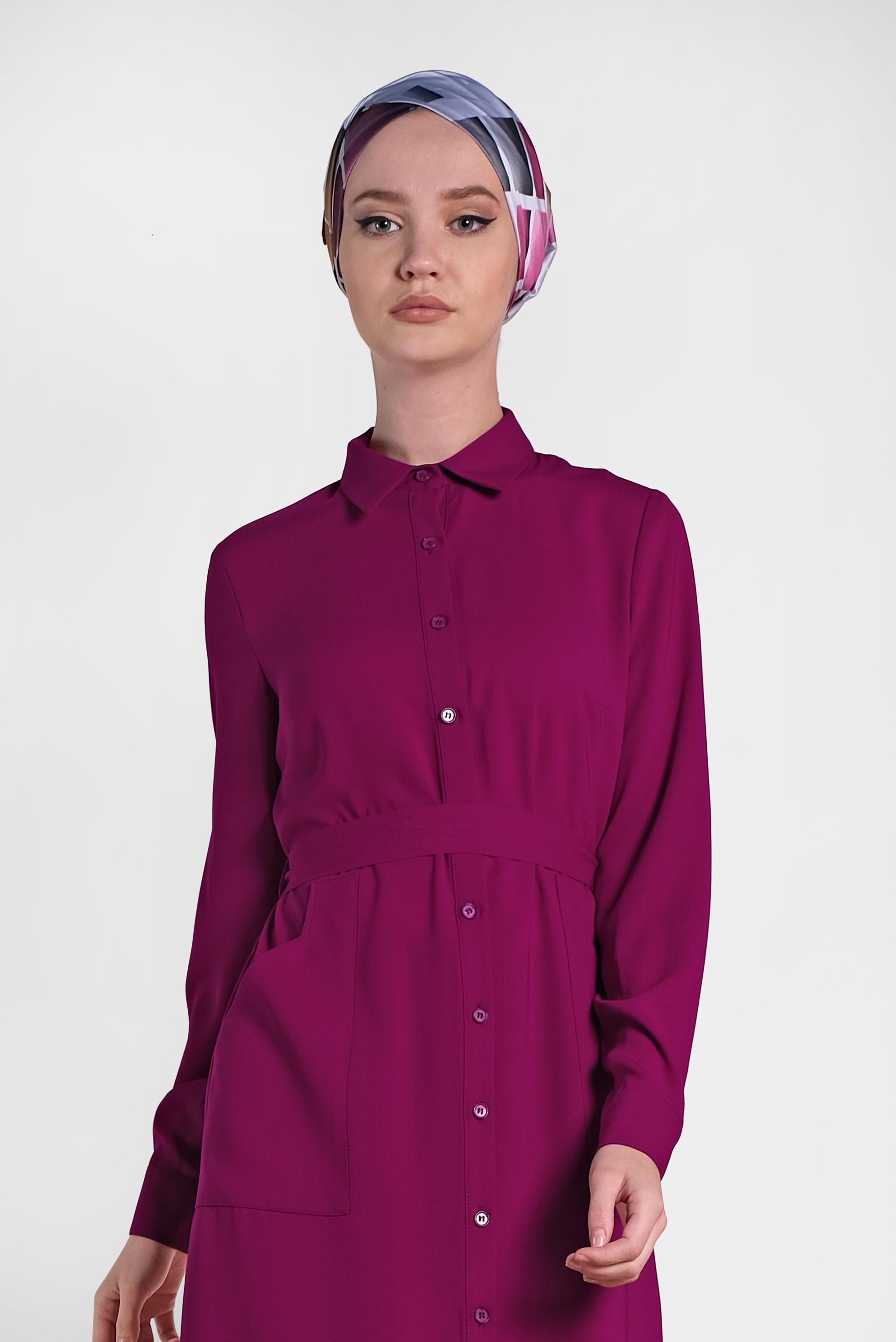 Tesettür giyim MOR KUŞAKLI CEPLİ TUNİK 4273