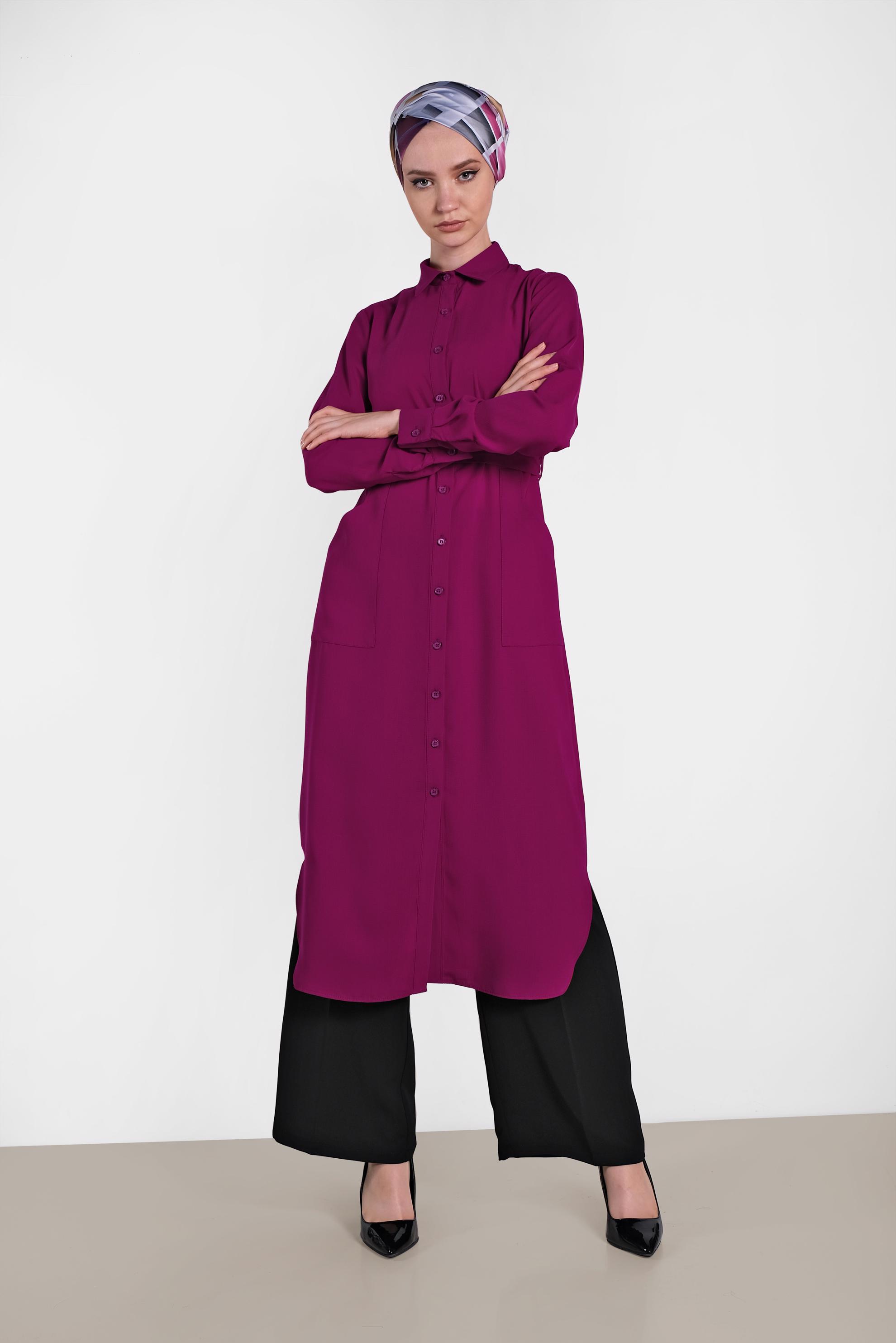 Tesettür giyim MOR KUŞAKLI CEPLİ TUNİK 4273