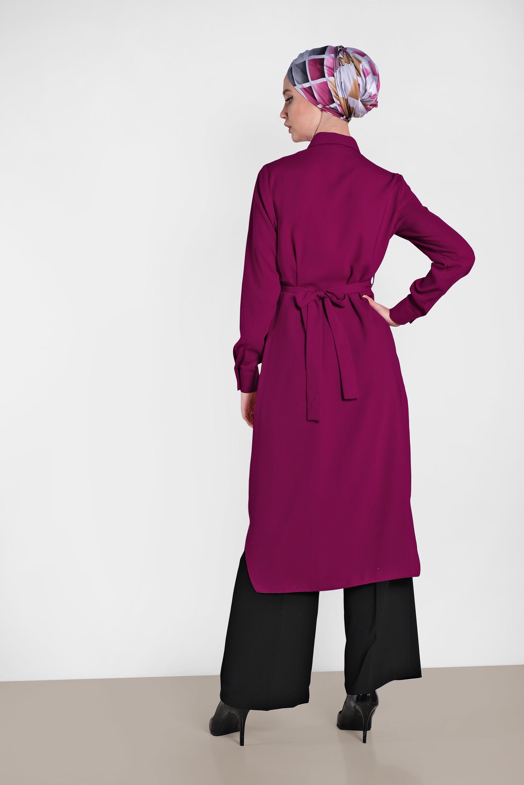 Tesettür giyim MOR KUŞAKLI CEPLİ TUNİK 4273